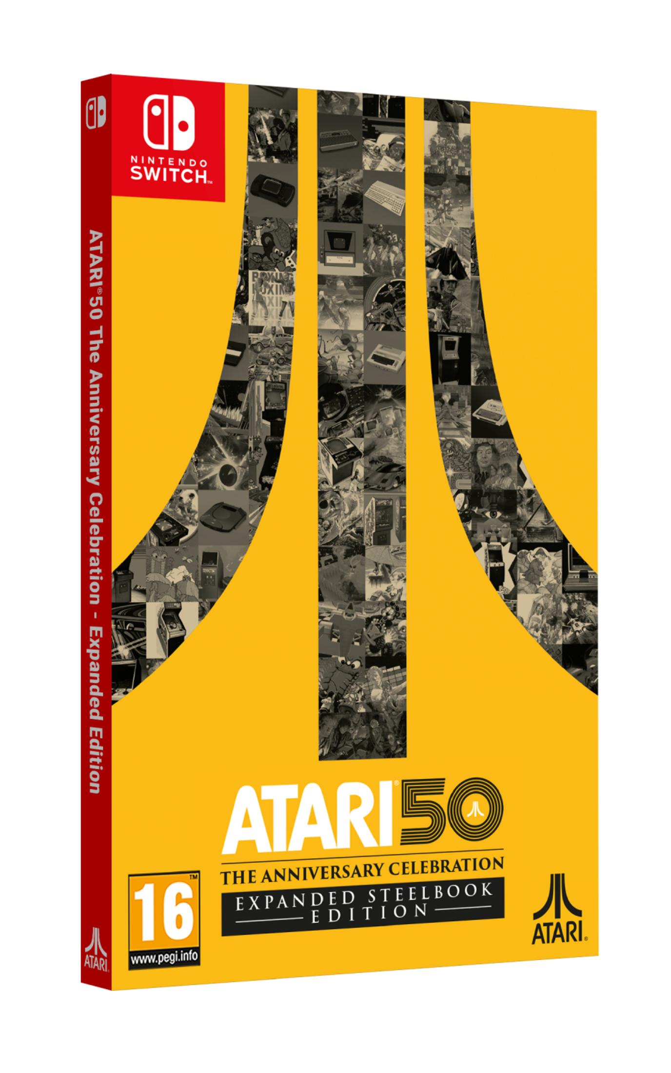 Custodia gioco Nintendo Switch per Atari 50, gialla con collage di arte di giochi Atari.
