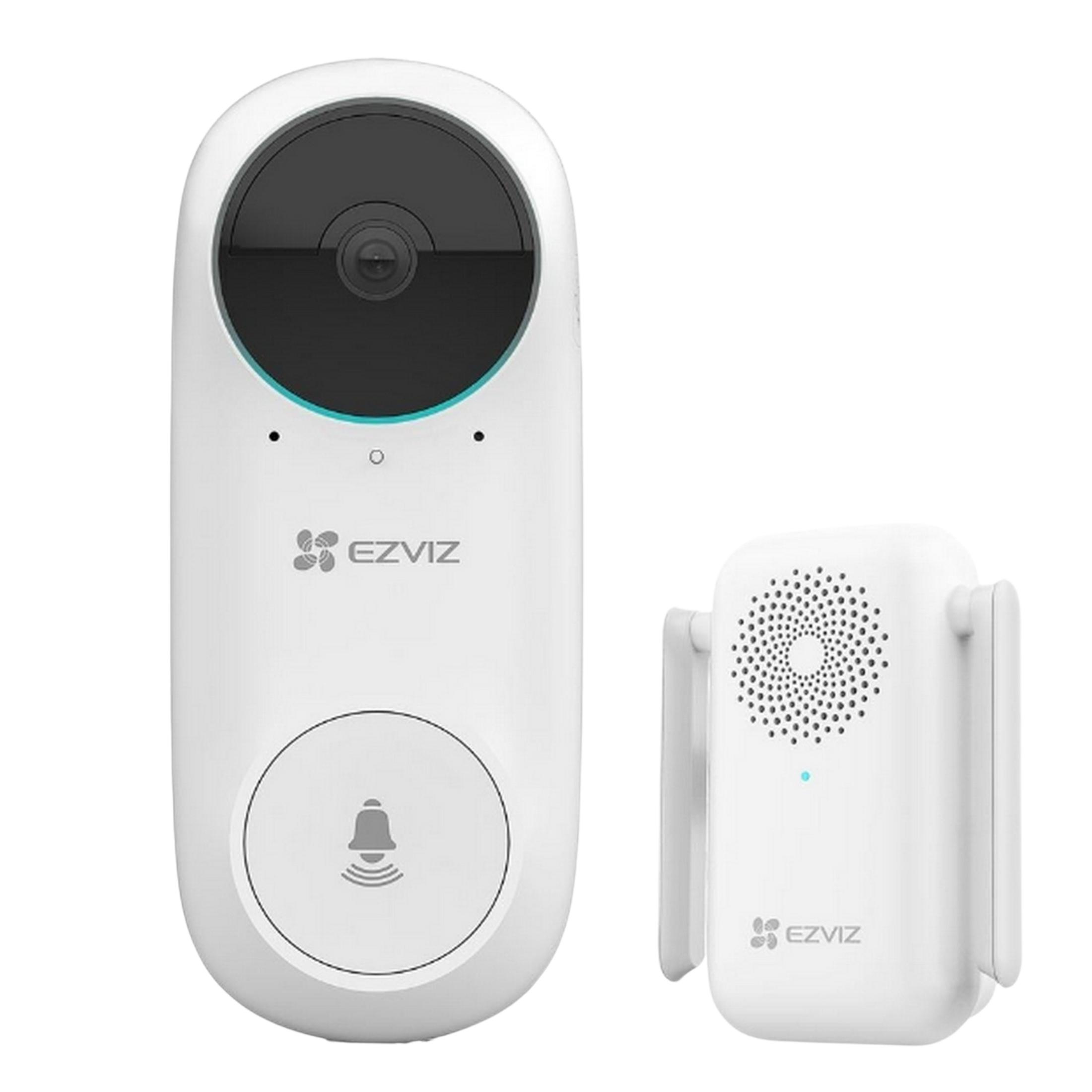 Videocitofono EZVIZ bianco con pulsante e unità campanello separata.