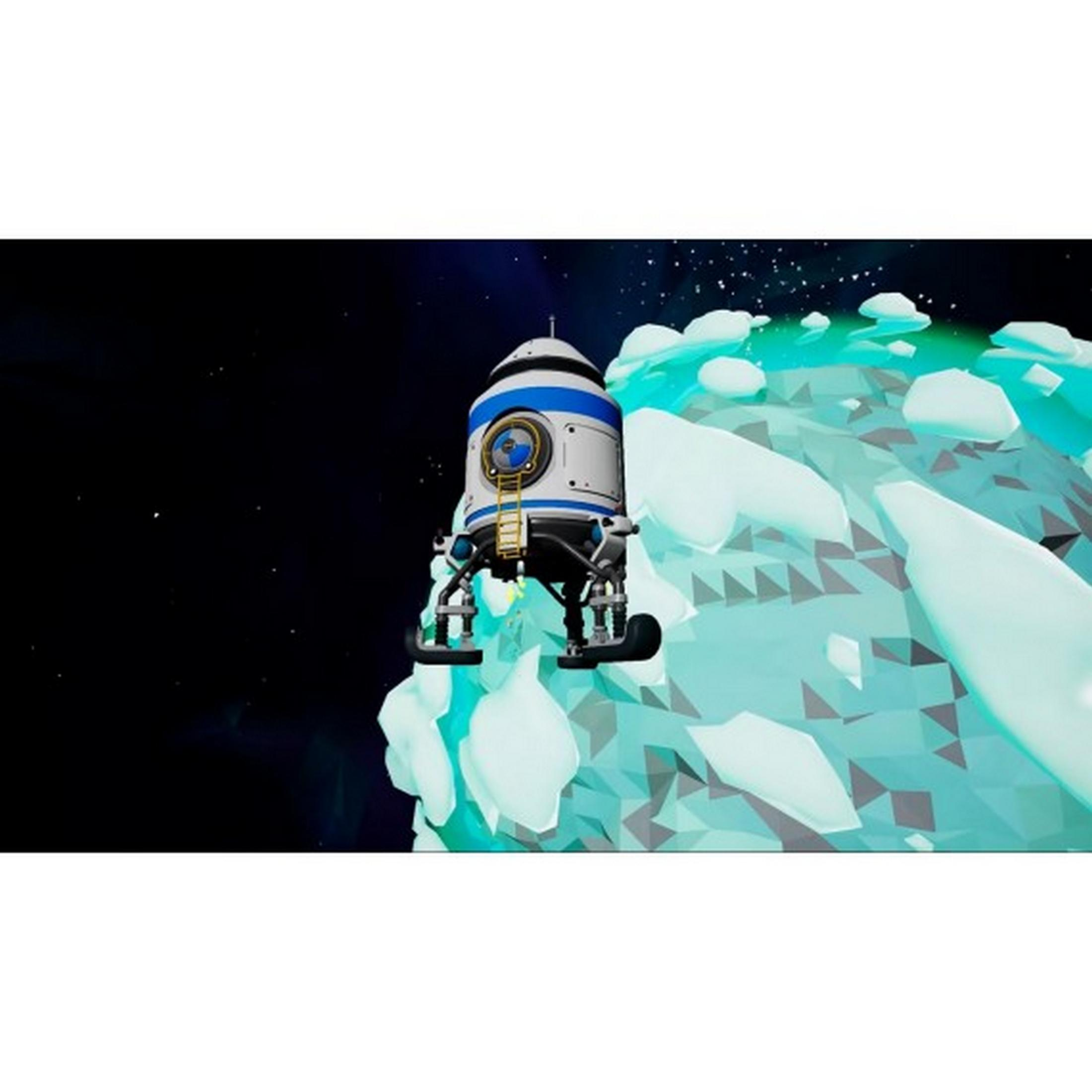 Un'astronave bianca con strisce blu fluttua su un pianeta ghiacciato e turchese nello spazio.