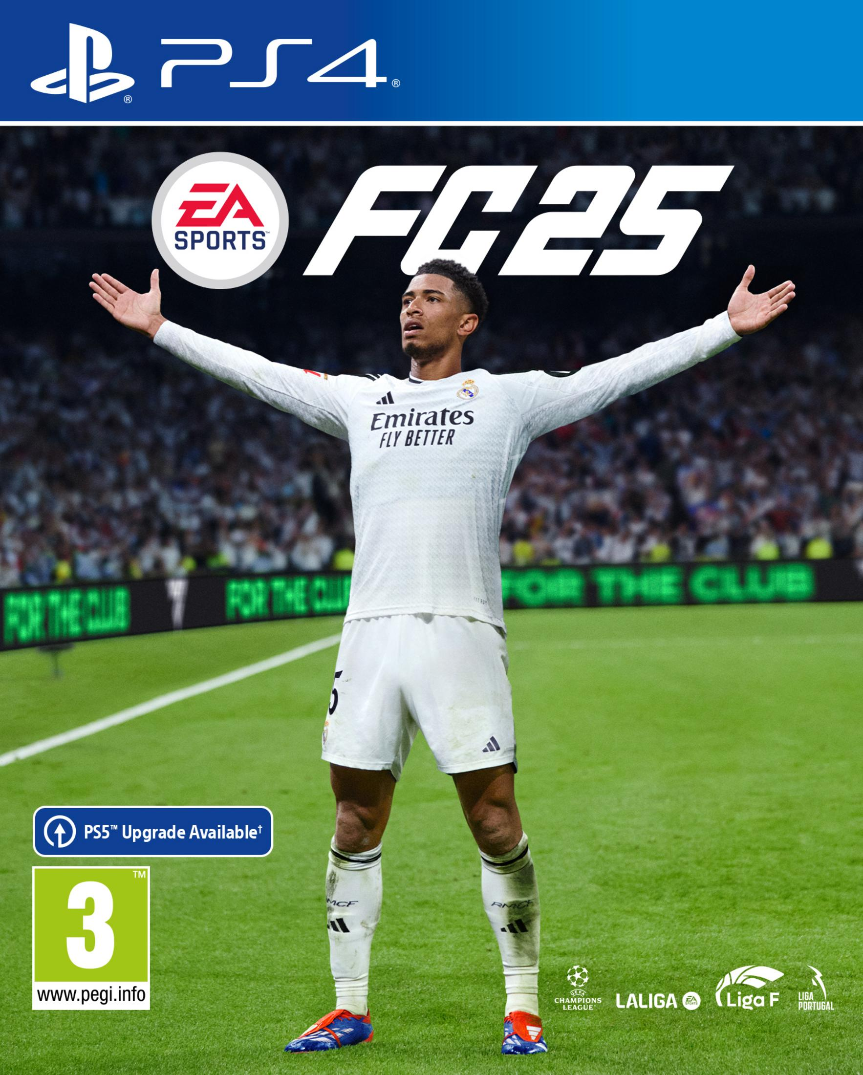 Portada de videojuego de fútbol con un jugador en camiseta blanca con los brazos extendidos.