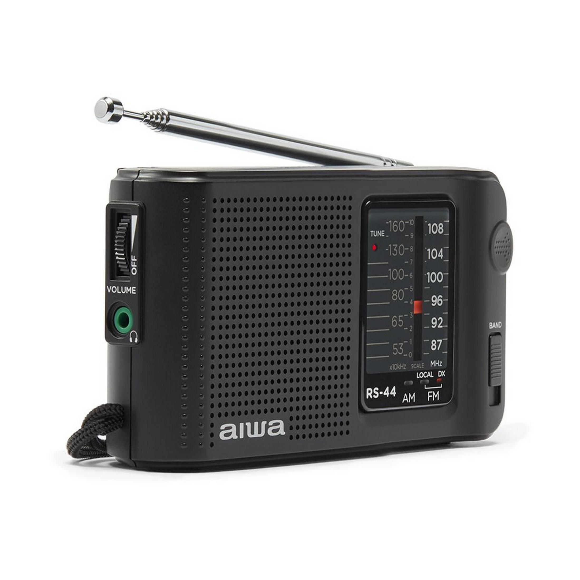 A black Aiwa RS-44 portable radio with an extended antenna, volume knob, and tuning dial.