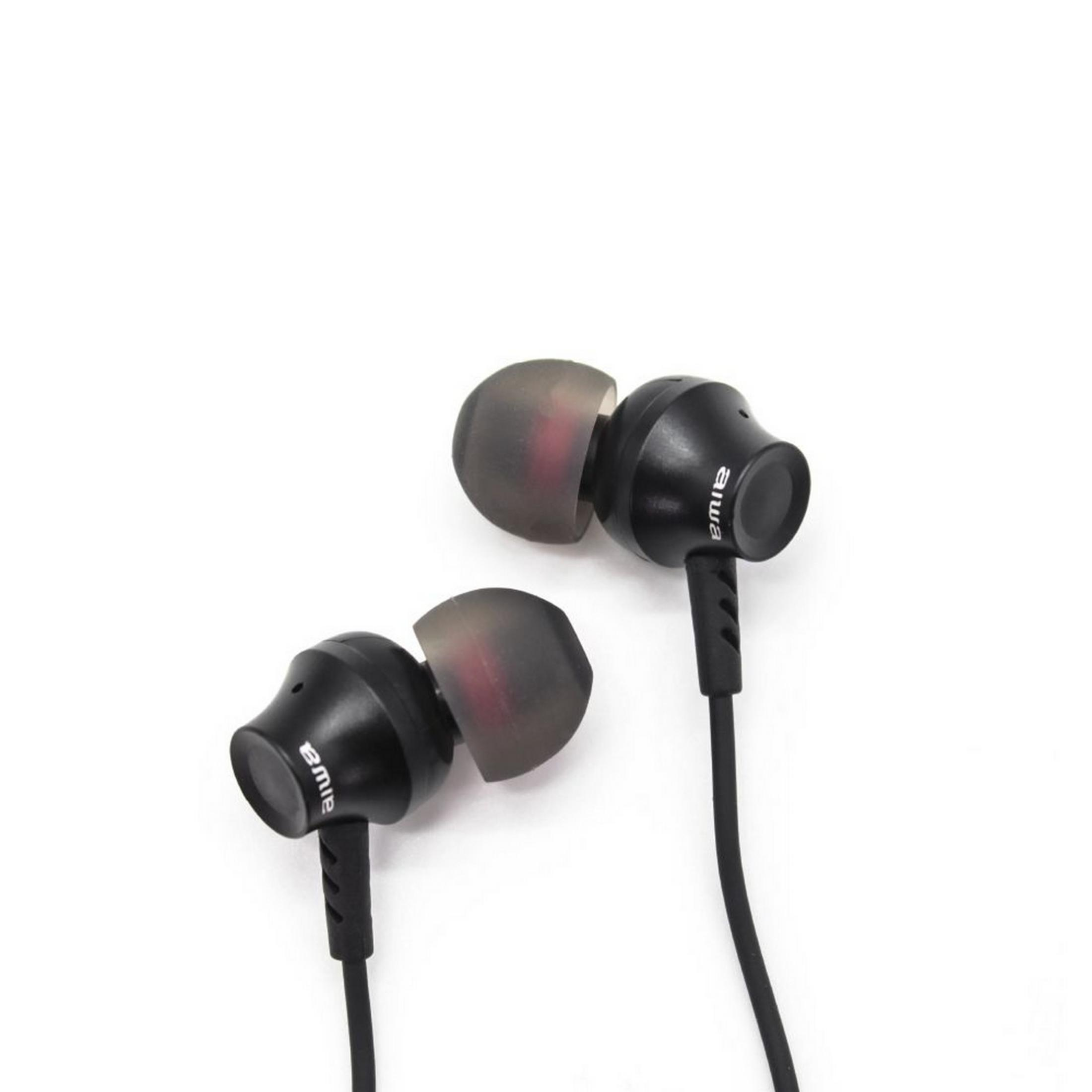 Black in-ear earphones with translucent eartips and red accent.