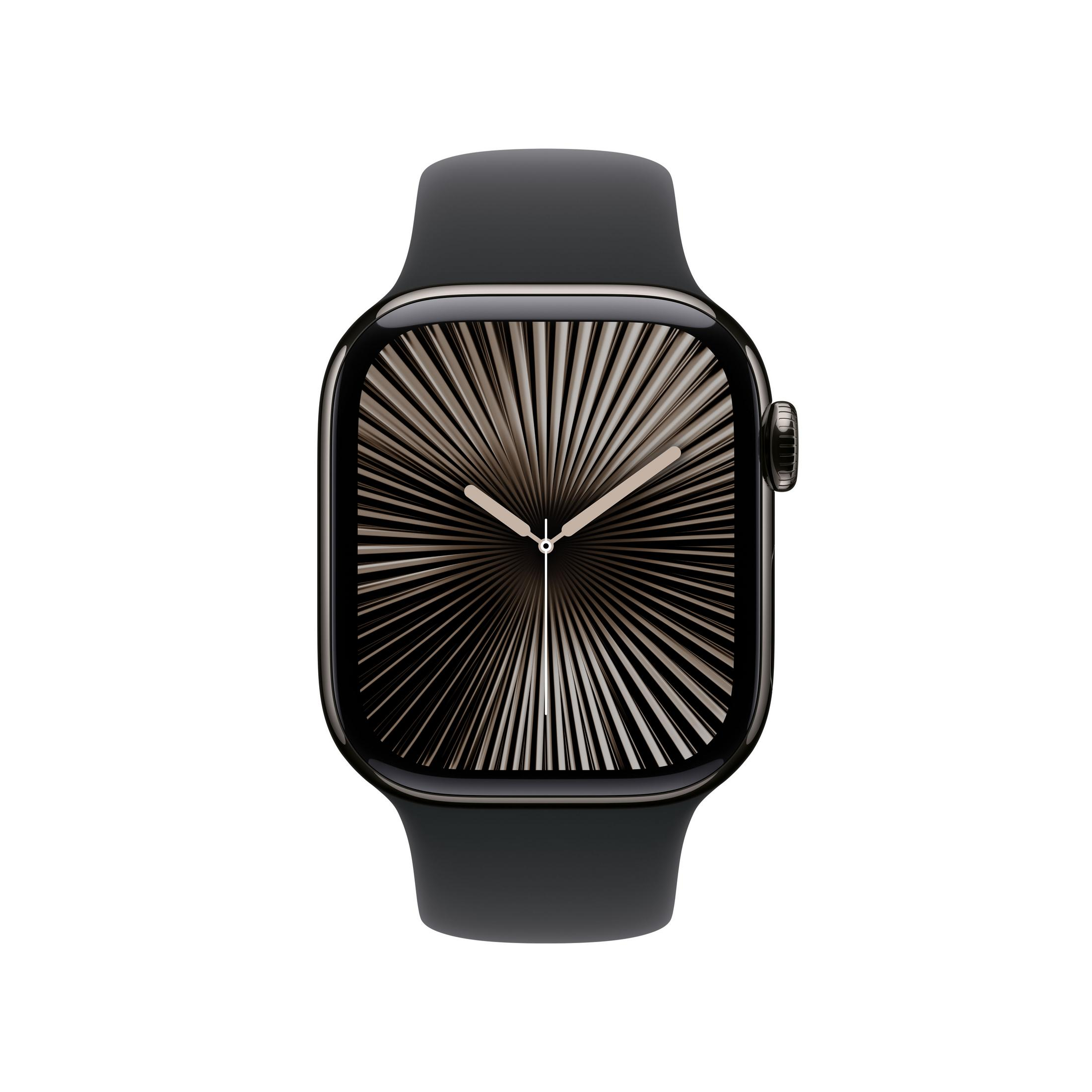 Ciemny smartwatch z tarczą w kształcie gwiazdy.