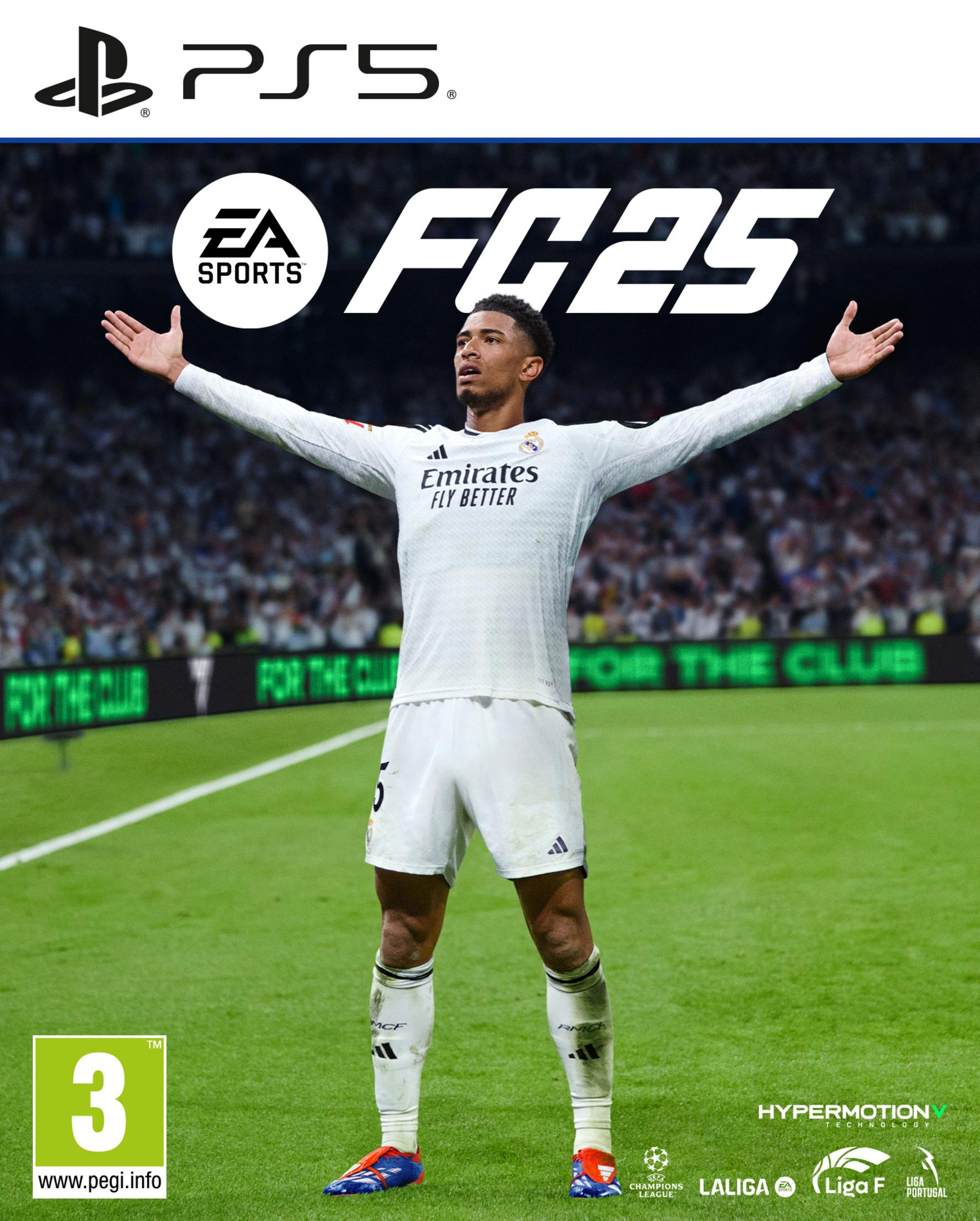 Futbolista con camiseta blanca y brazos extendidos ante público de estadio, logo FC 25.