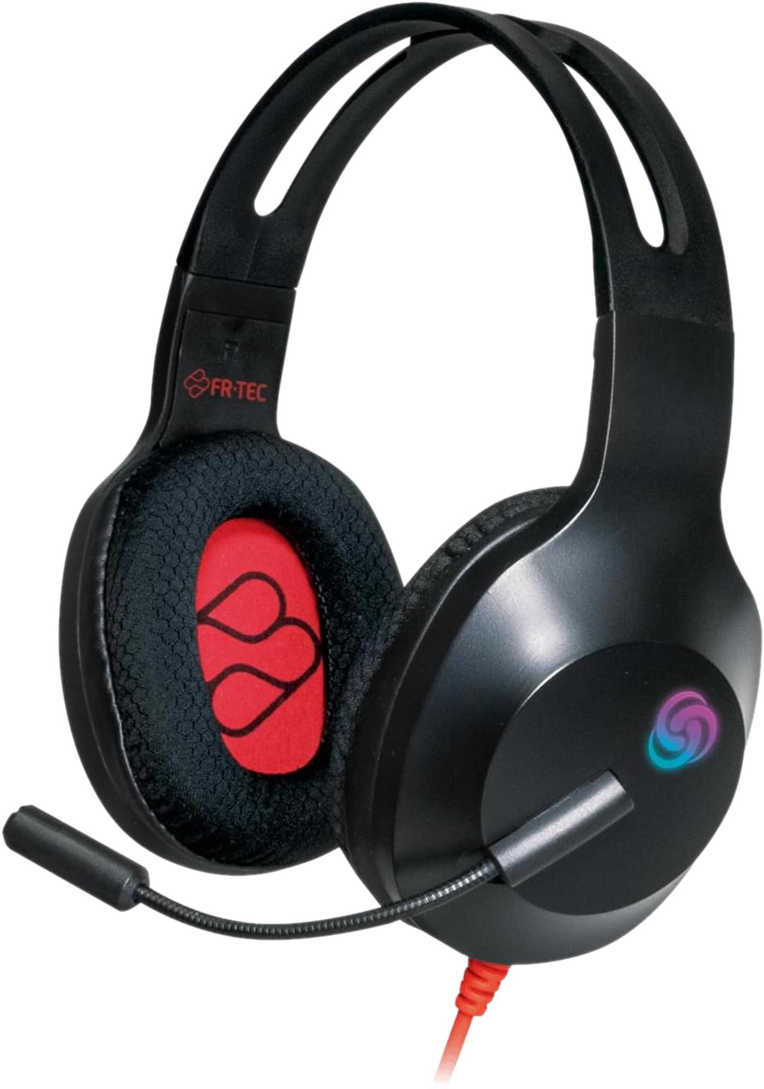 Cuffie gaming nere con padiglioni rossi e microfono flessibile. Presente logo.
