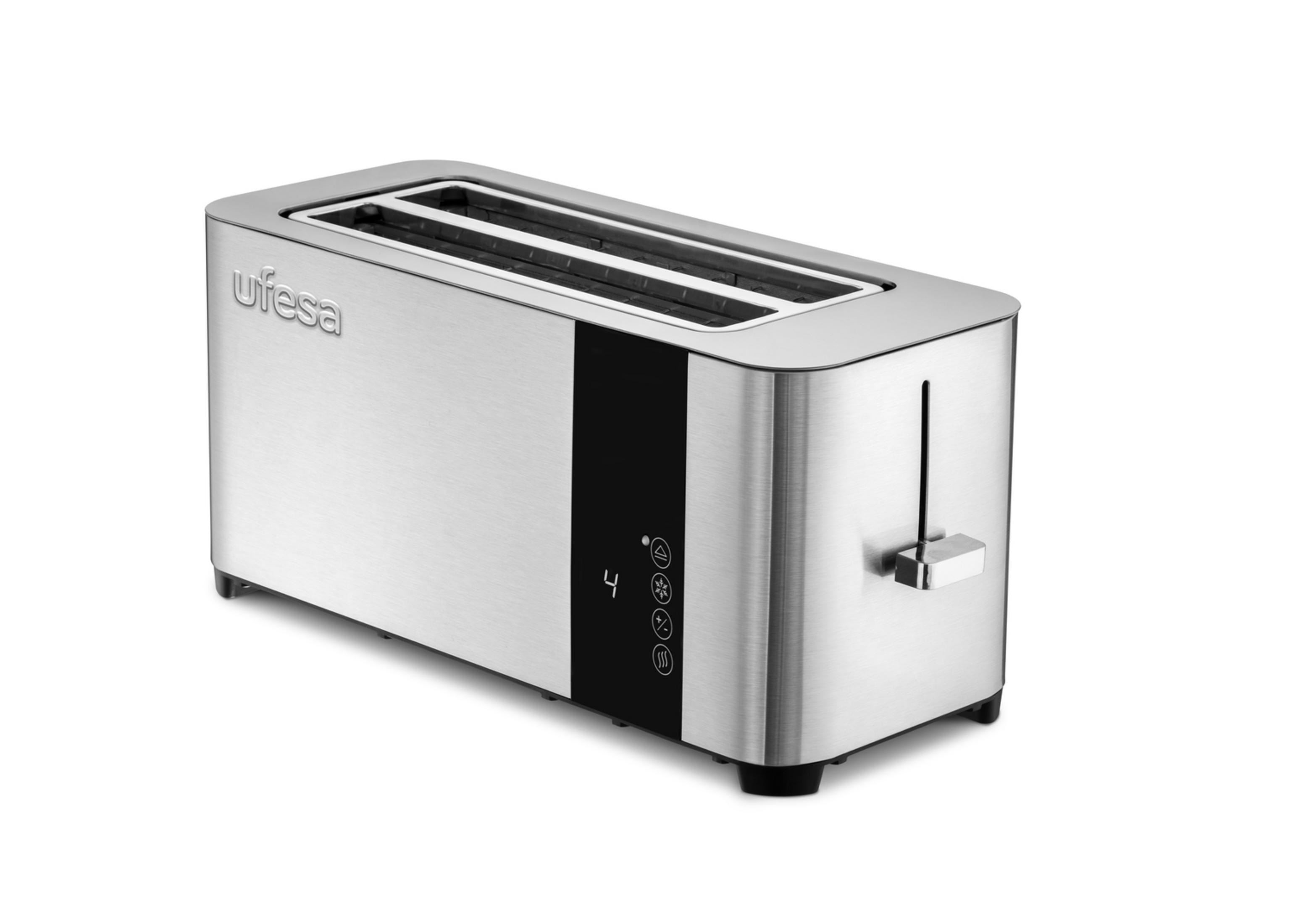 Ein silberner Toaster mit zwei Schlitzen und schwarzen Bedienelementen.