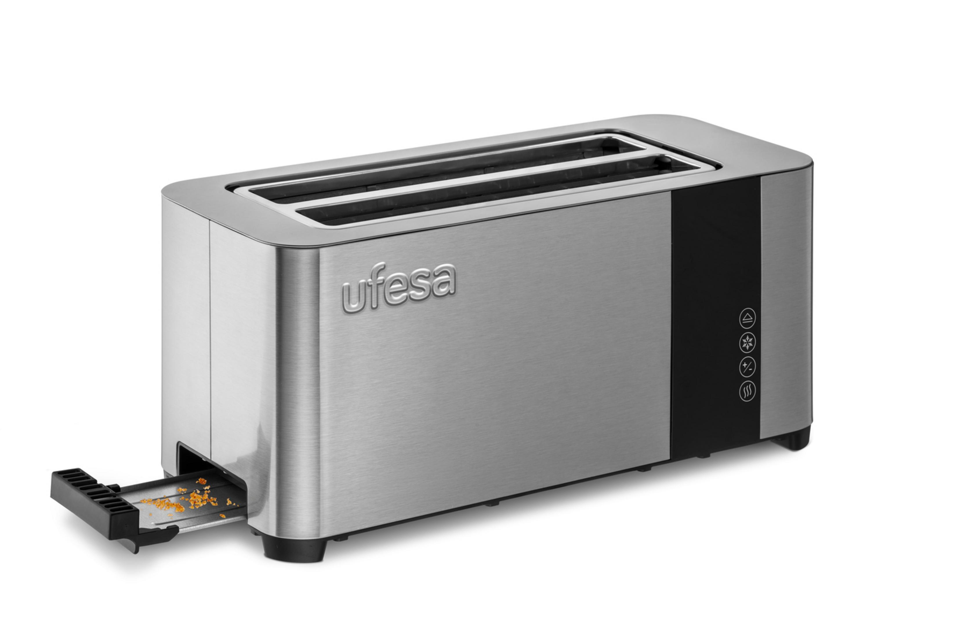 Ein silberner Toaster mit Krümelschublade, auf weißem Hintergrund.