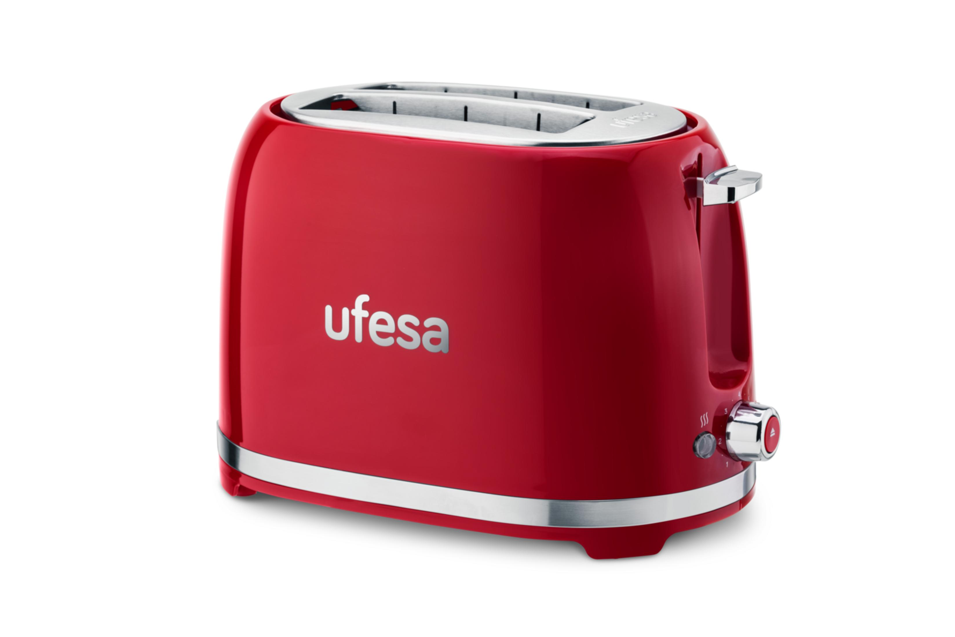 Un tostapane rosso con accenti cromati e logo Ufesa.