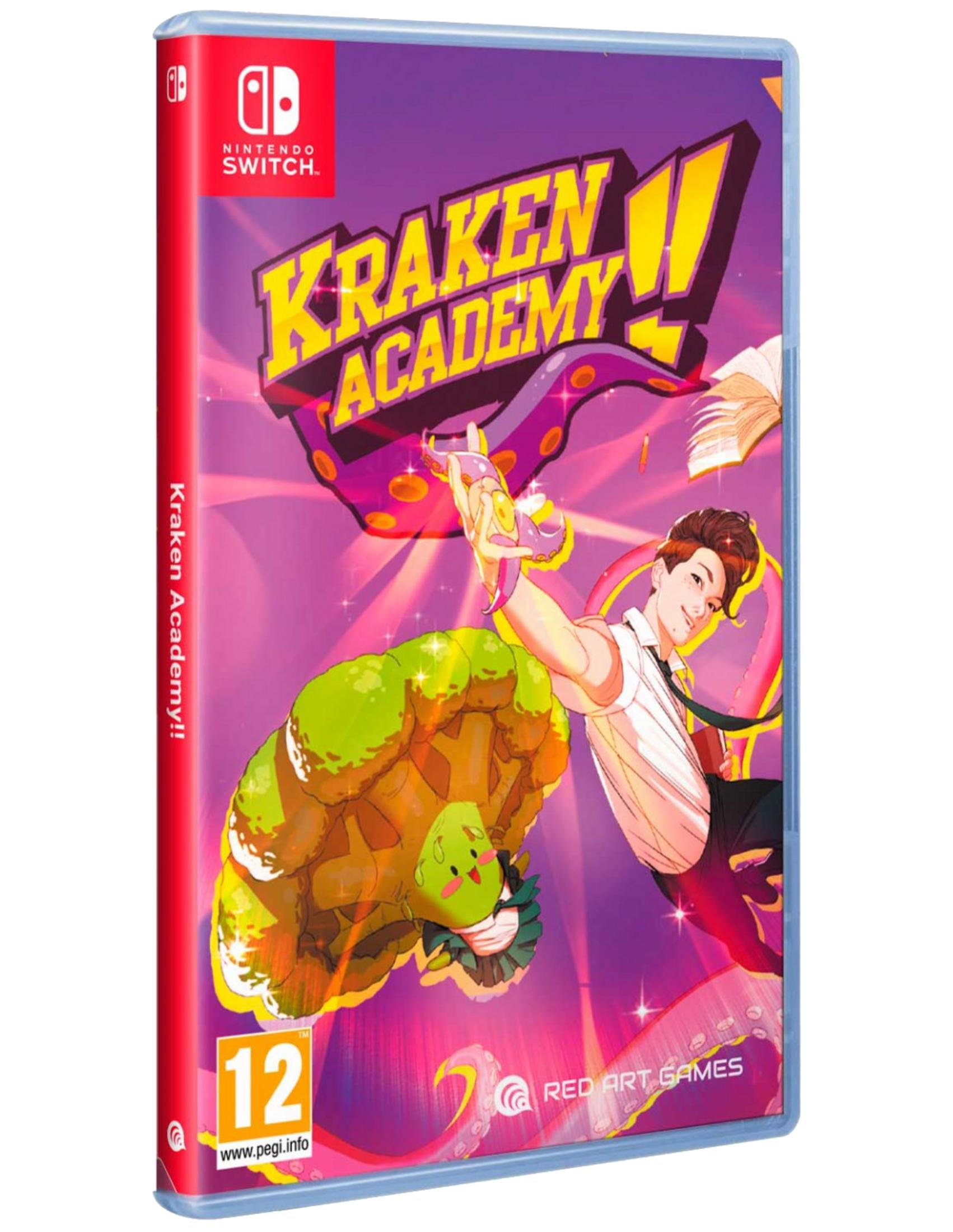 Funda de juego Nintendo Switch con título "Kraken Academy!!", un chico y una criatura verde.
