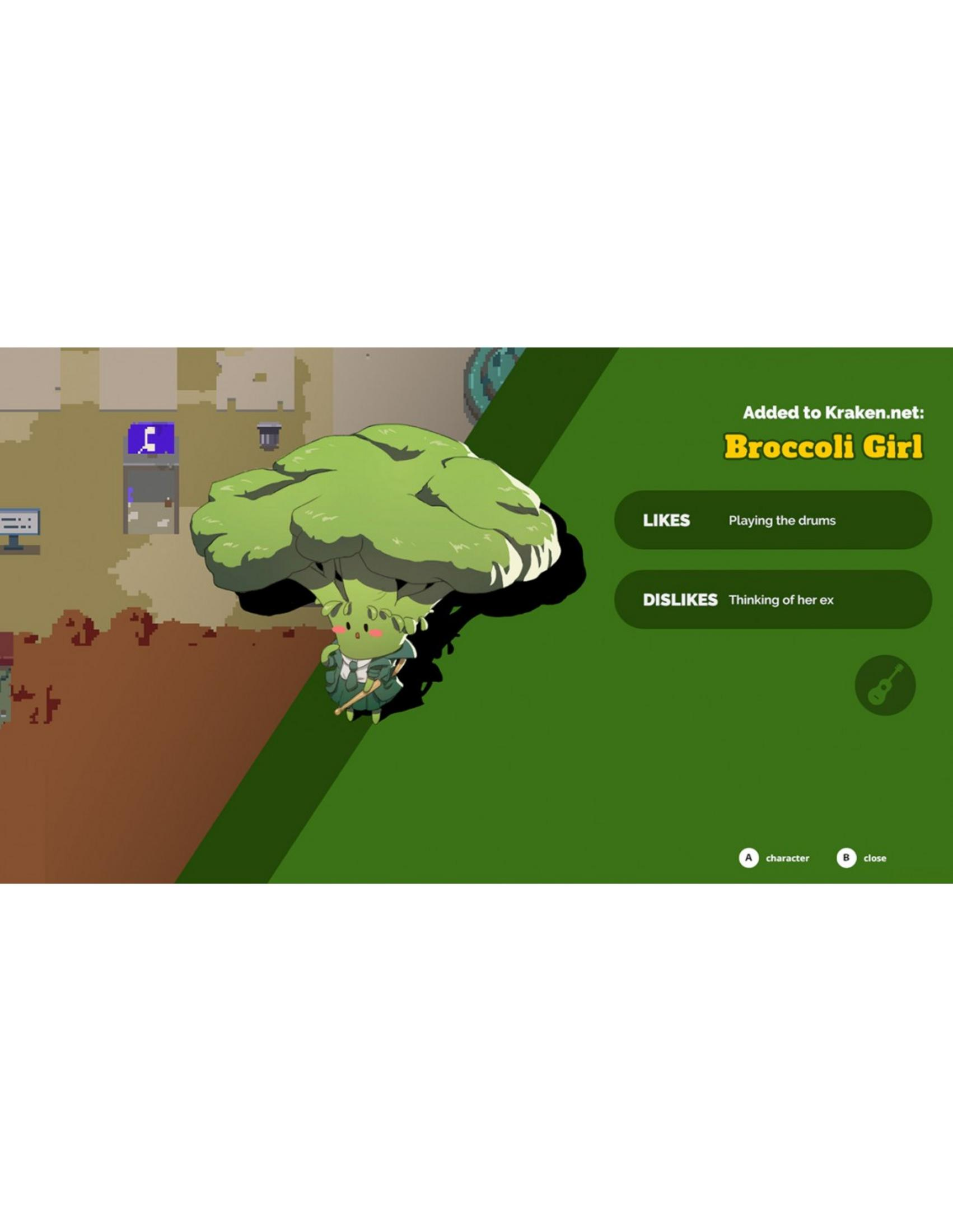 Un personaje de píxeles con cabeza de brócoli toca la batería. "Broccoli Girl".