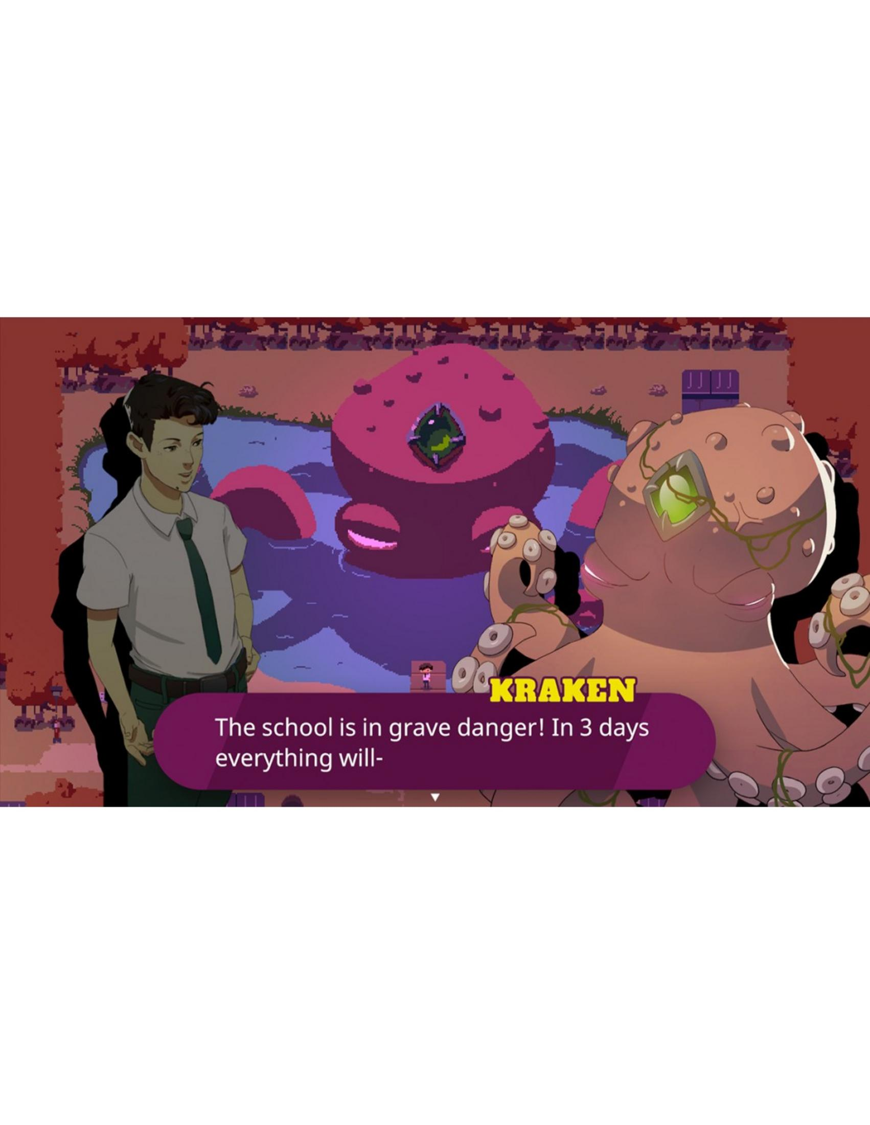 Un chico con uniforme escolar frente a un krakken gigante en el agua. Texto: KRAKEN. ¡La escuela está en grave peligro!