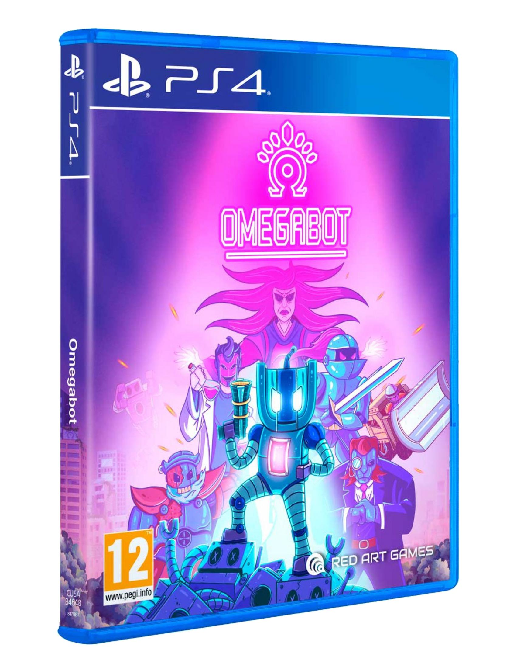 Copertina gioco PS4 con illustrazione colorata e robot blu centrale.
