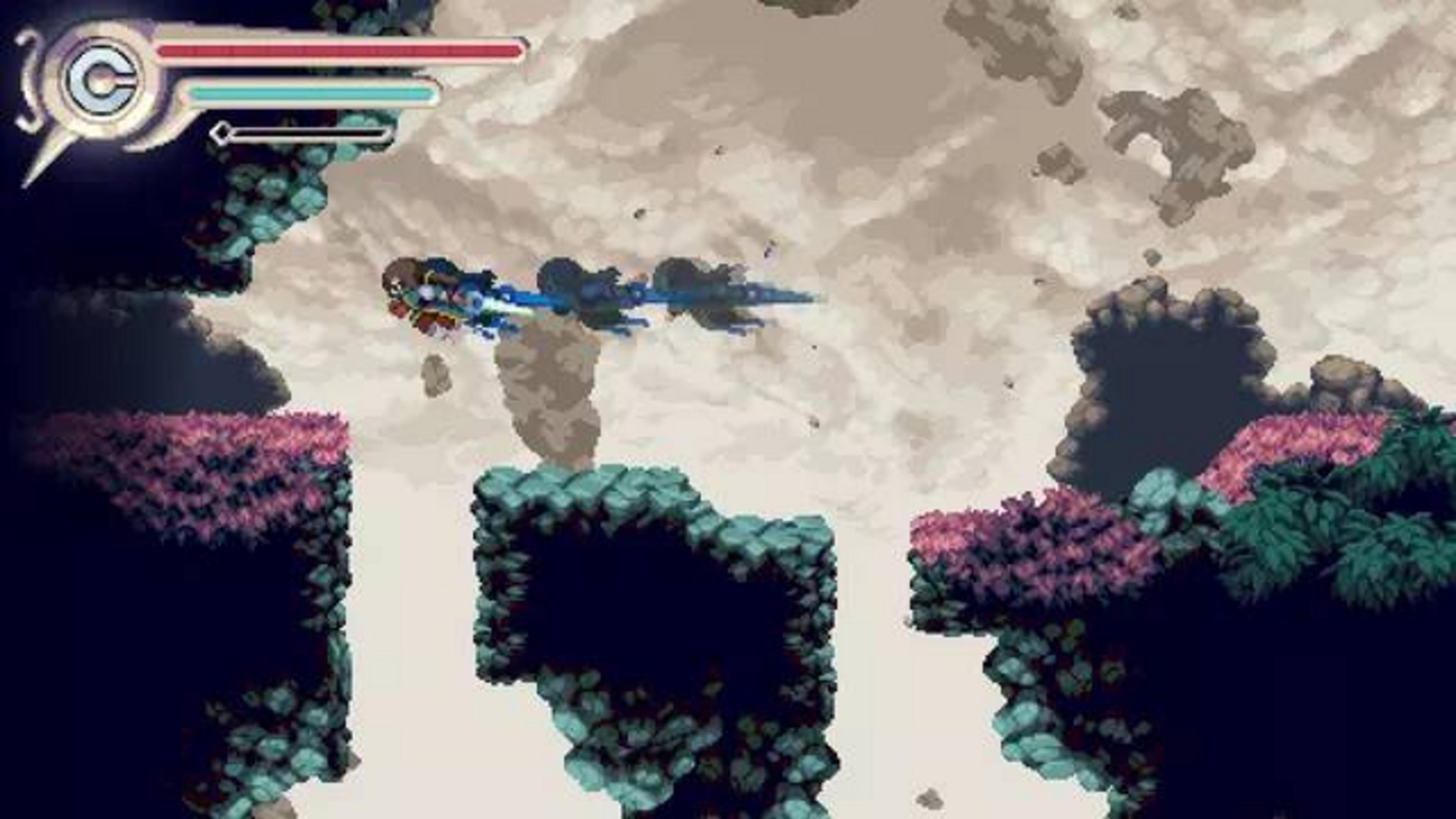 Un personaggio in tuta blu vola con un jetpack in un cielo nuvoloso, lasciando una scia di fumo.