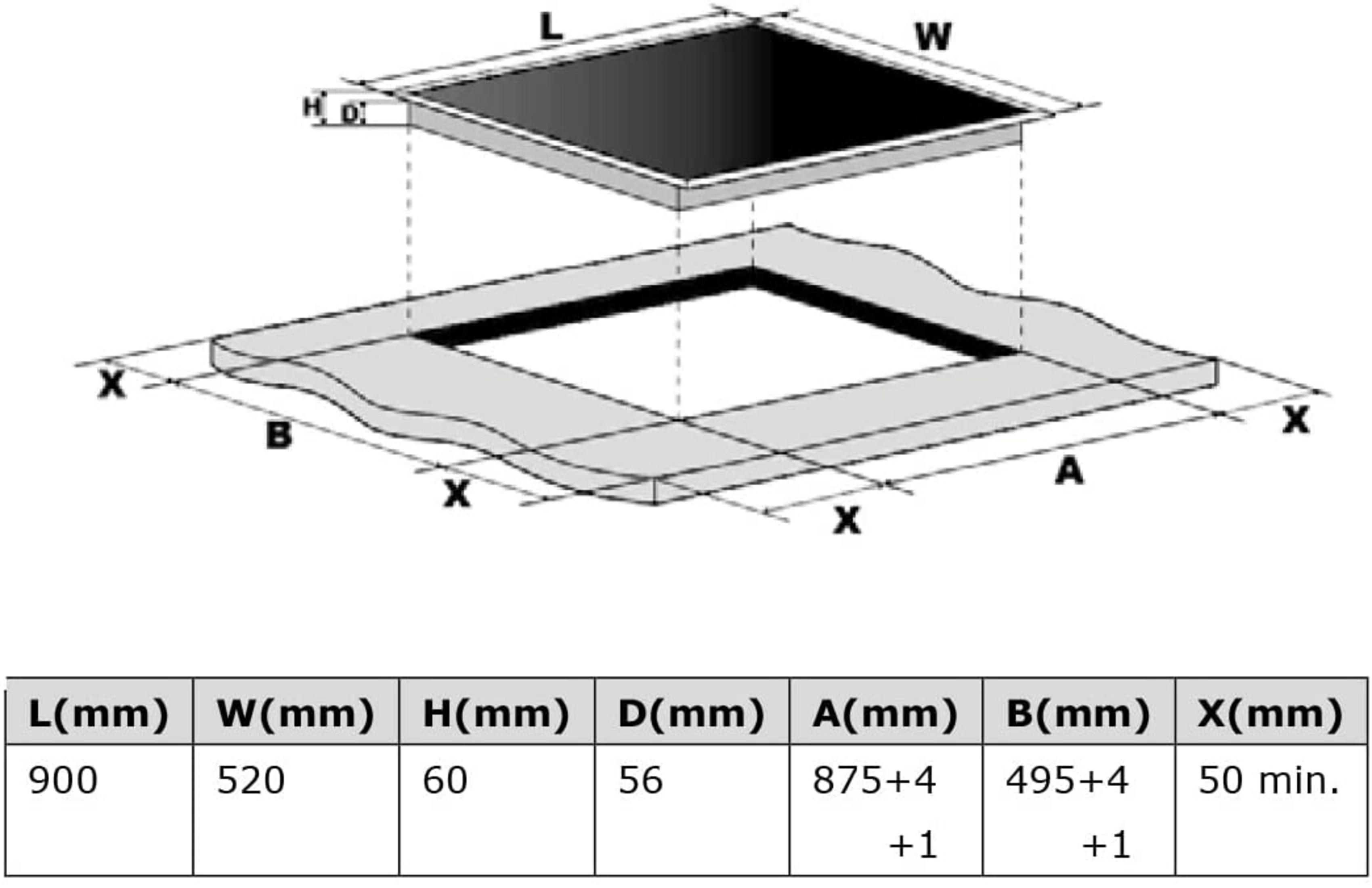 Dibujo técnico de una unidad de placa de cocina con dimensiones L, A, H, D, A, B, X en mm.