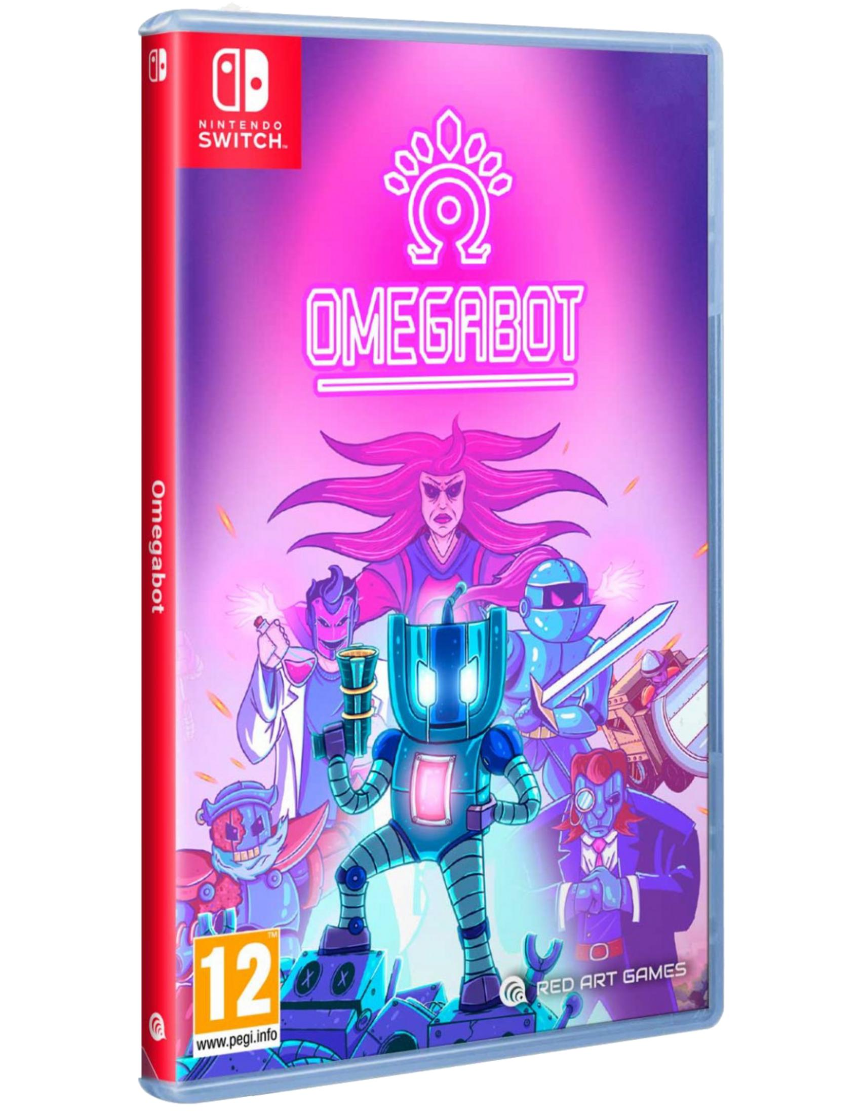 Custodia gioco Nintendo Switch con copertina Omegabot e personaggi vivaci.