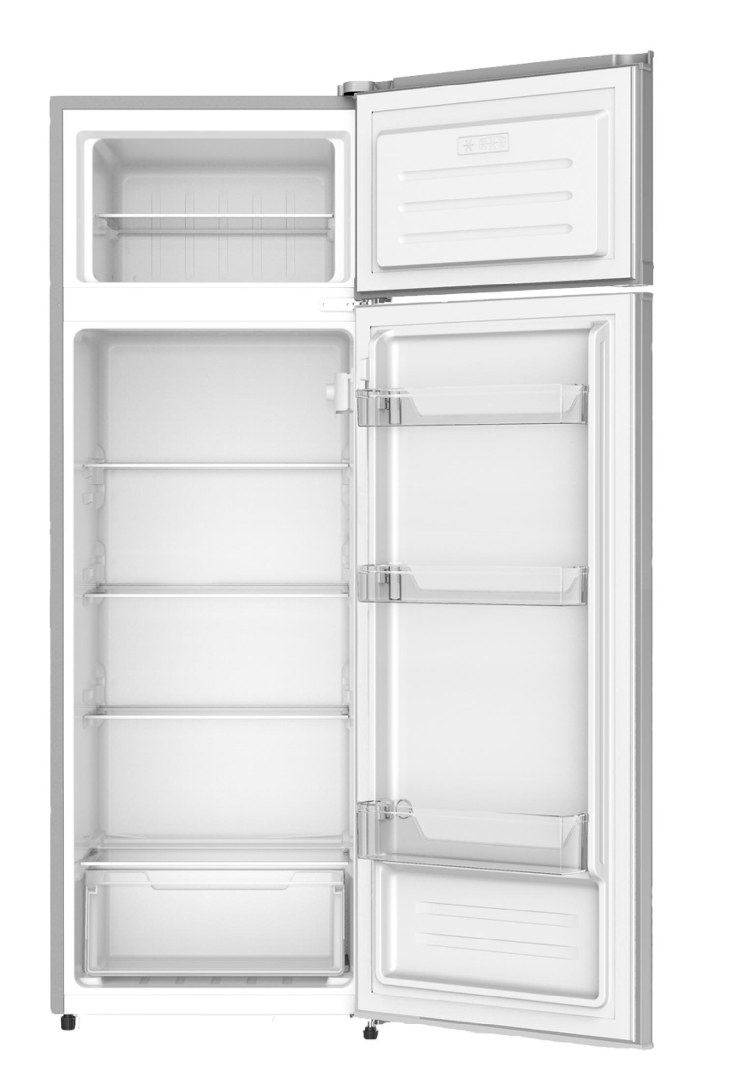 Un refrigerador vacío con la puerta abierta, mostrando compartimentos.