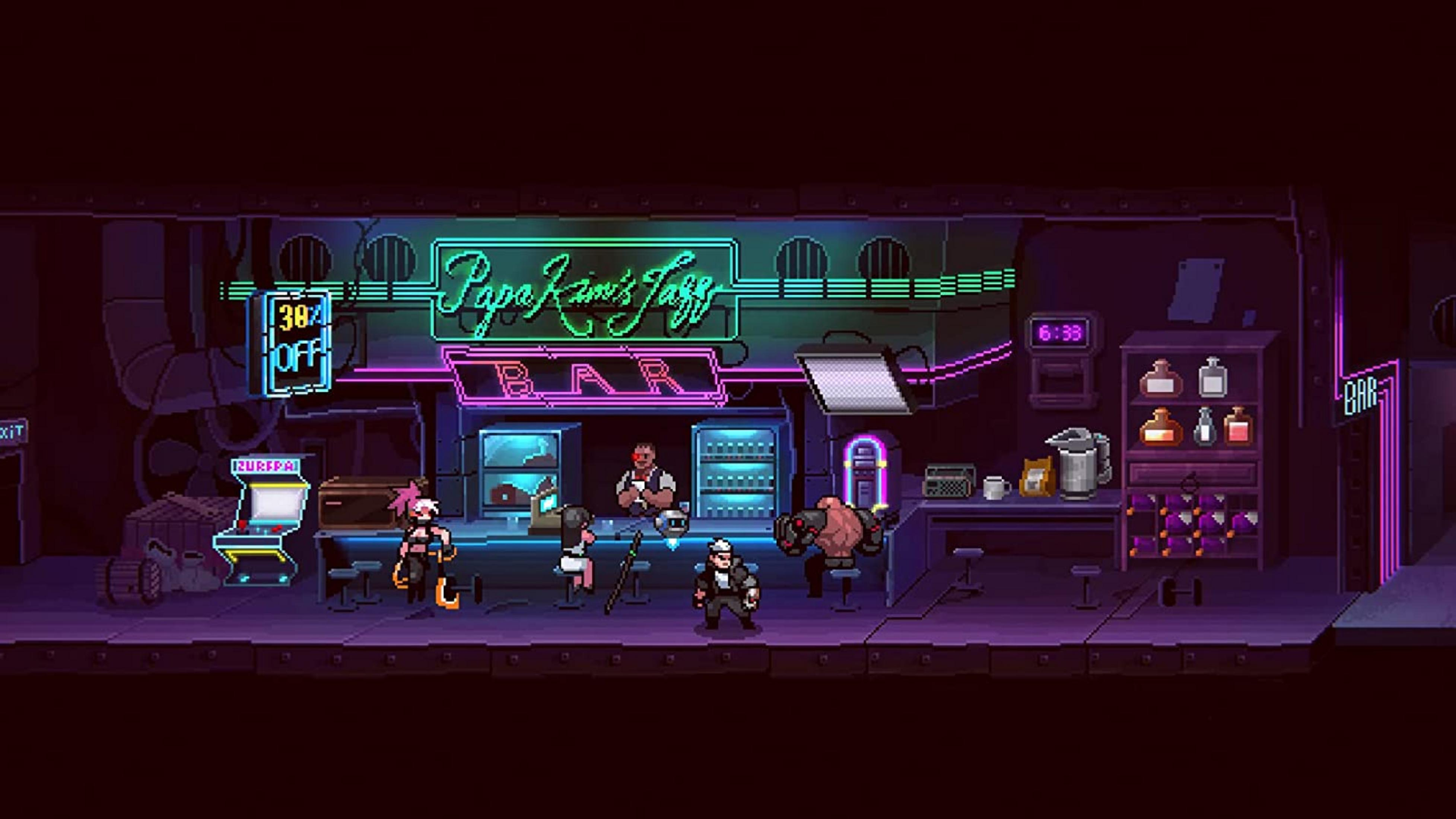 Bar in pixel art con personaggi, luci al neon e una sala giochi.