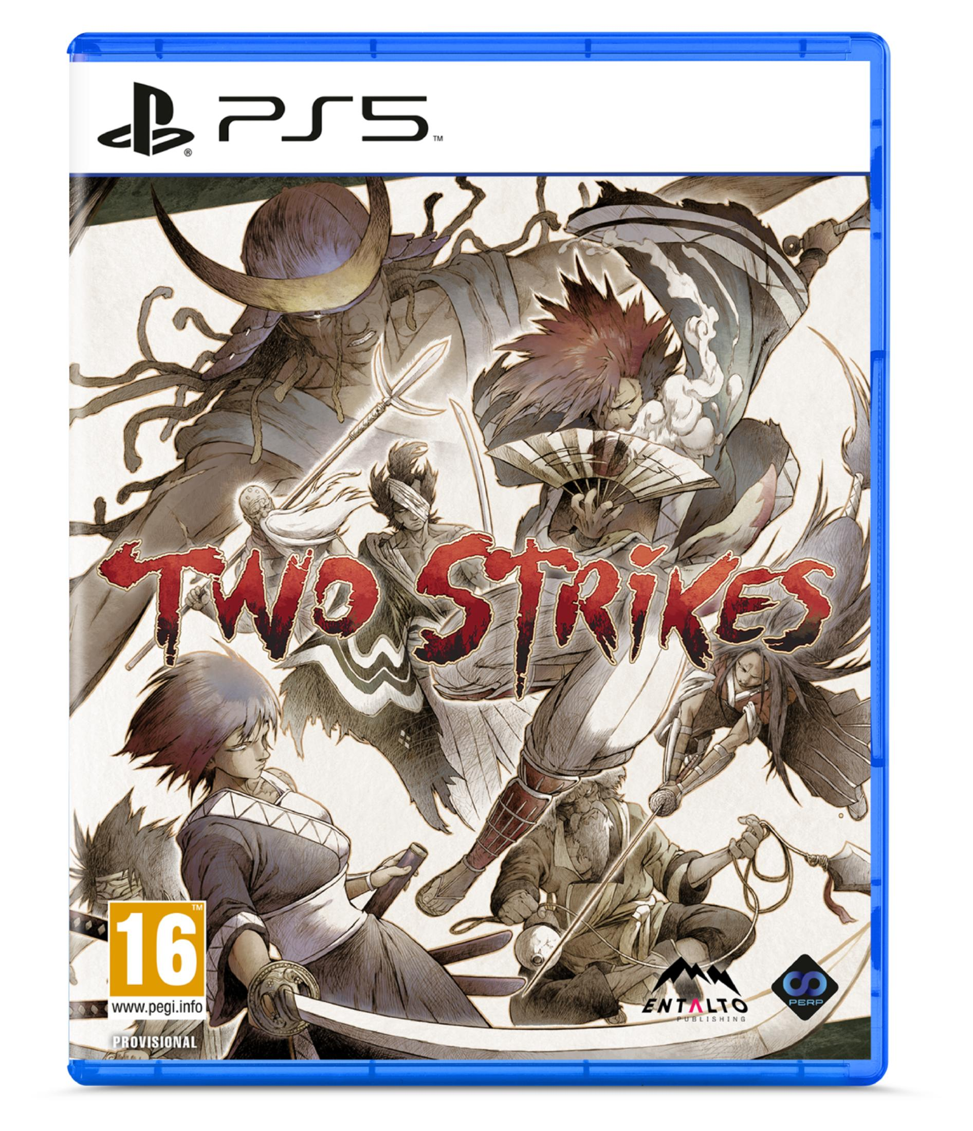 Caja de juego PS5 para Two Strikes con guerreros estilo anime con espadas y abanicos.