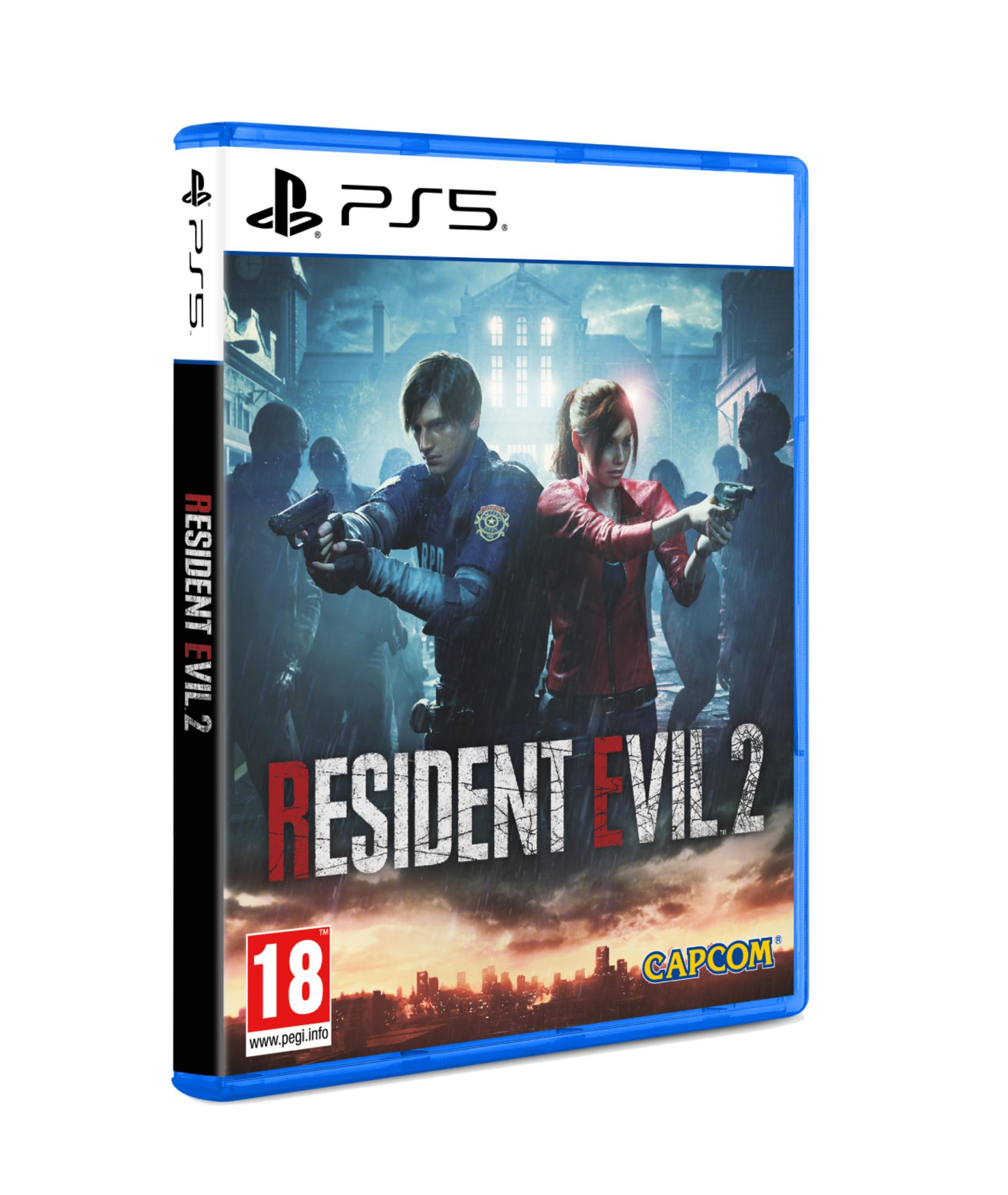 Custodia del gioco Resident Evil 2 PS5 con Leon e Claire di fronte agli zombie, con rating PEGI 18.