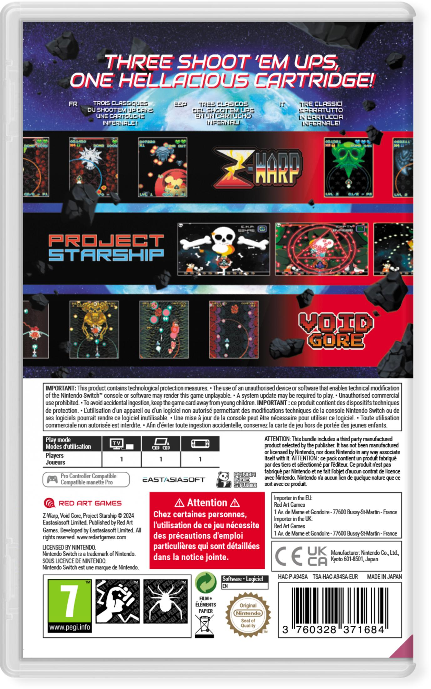 Retro di una custodia per videogiochi con titoli come Z-Warp, Void Gore, Project Starship.