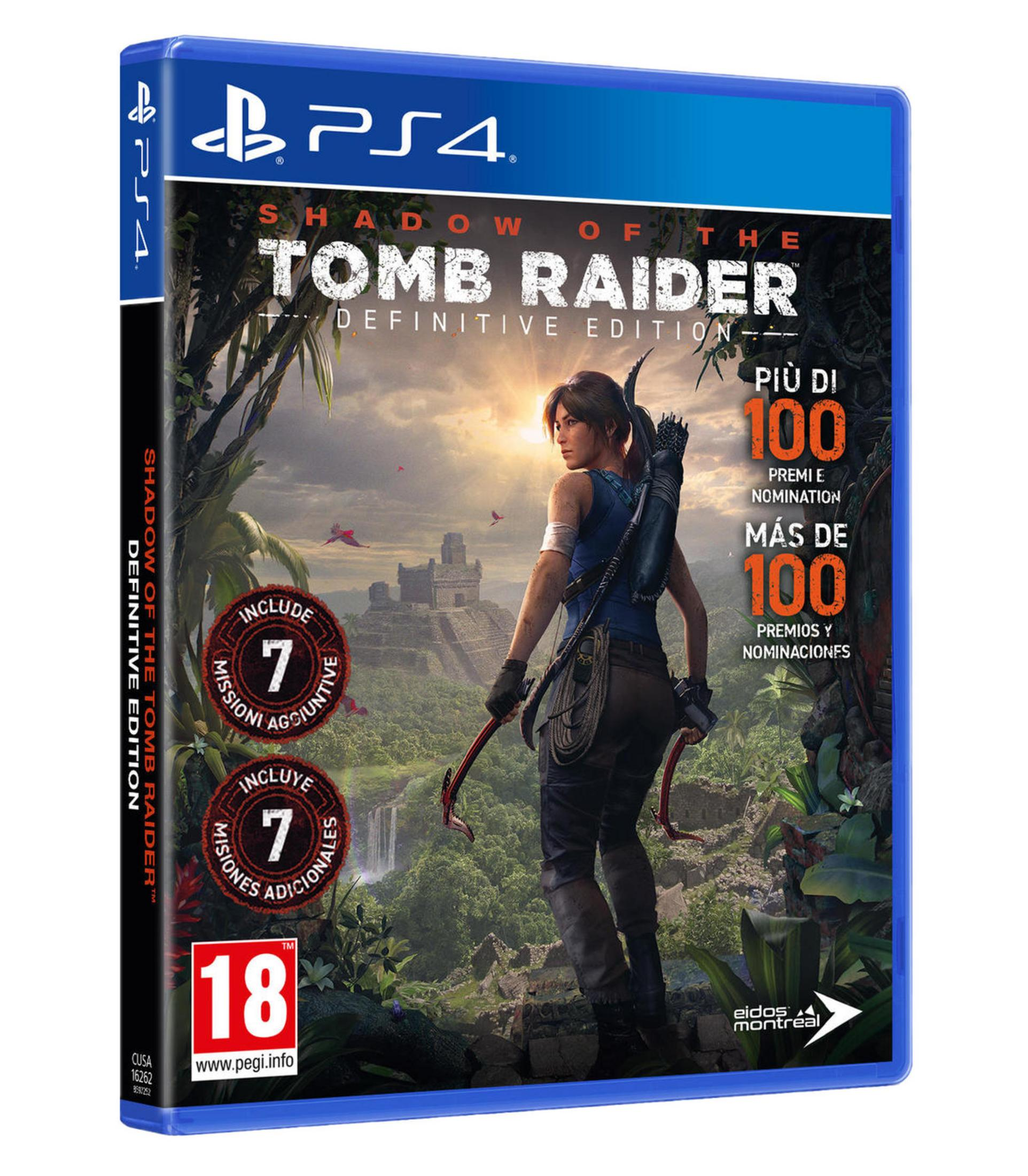Custodia gioco PS4: Lara Croft con arco su sfondo giungla. Include 7 missioni e 100 premi.