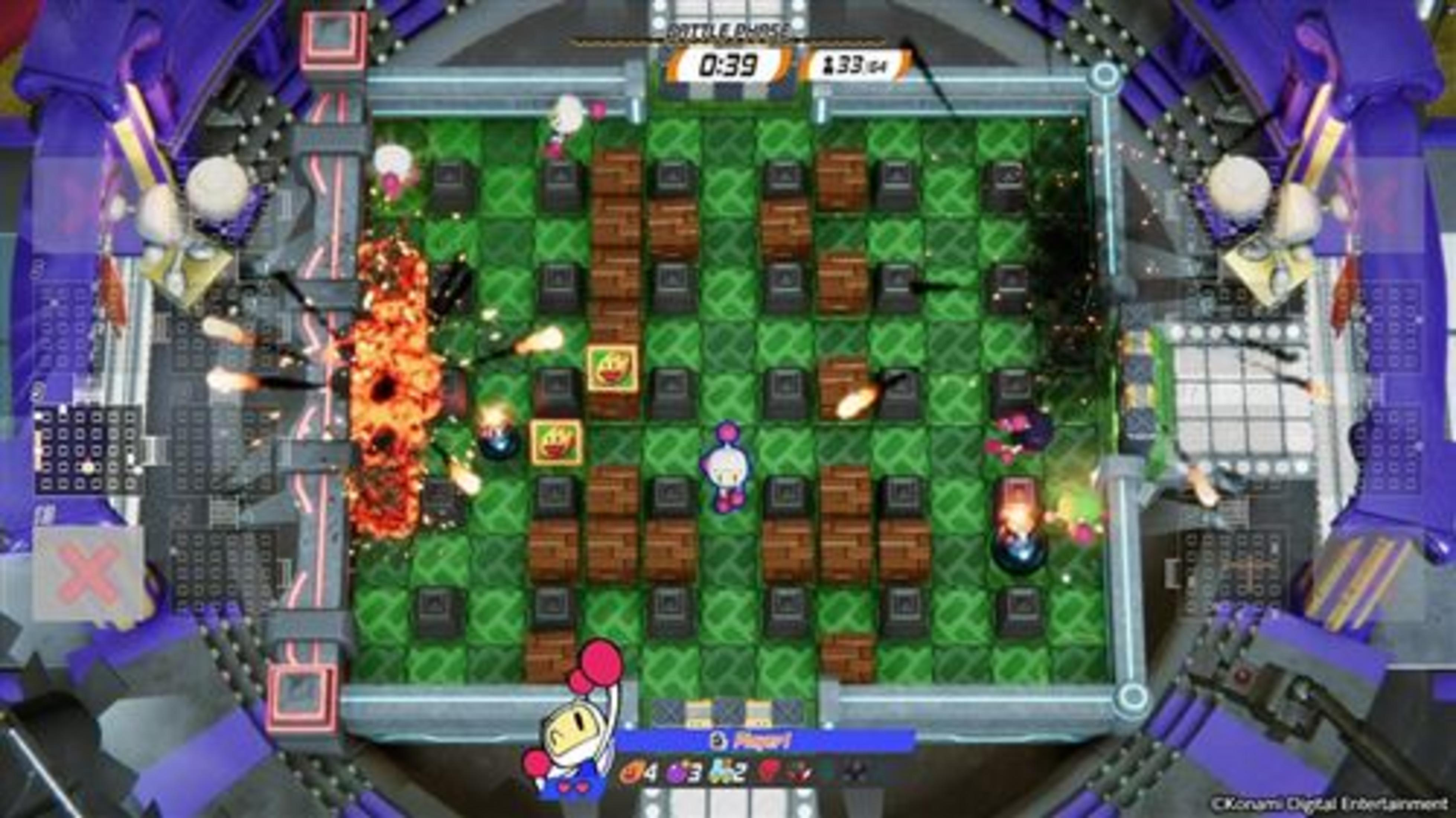 Juego de Bomberman con explosiones, bloques y personajes en una cuadrícula verde.