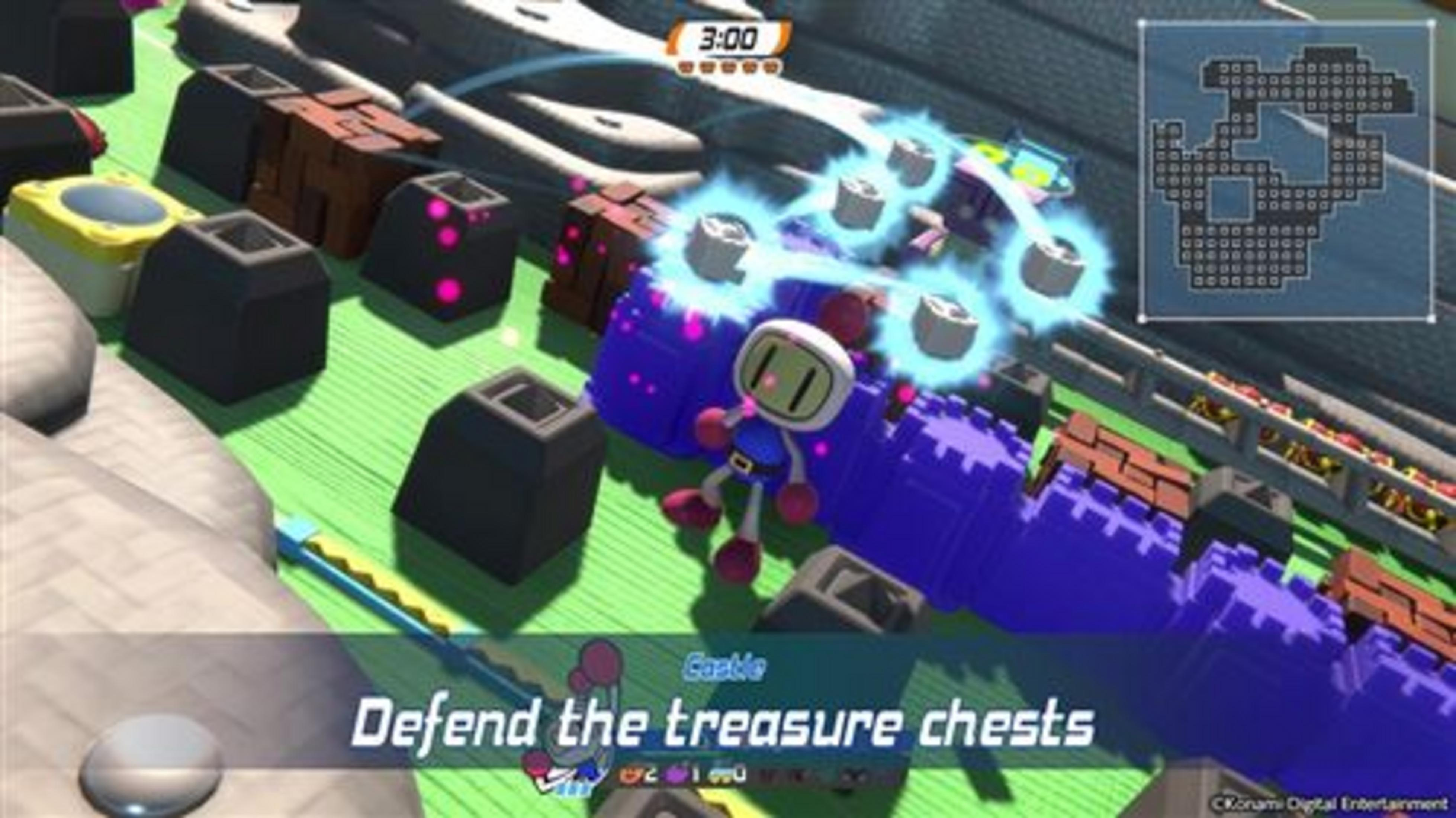 Un personaje azul lanza una bomba en un videojuego con un minimapa.