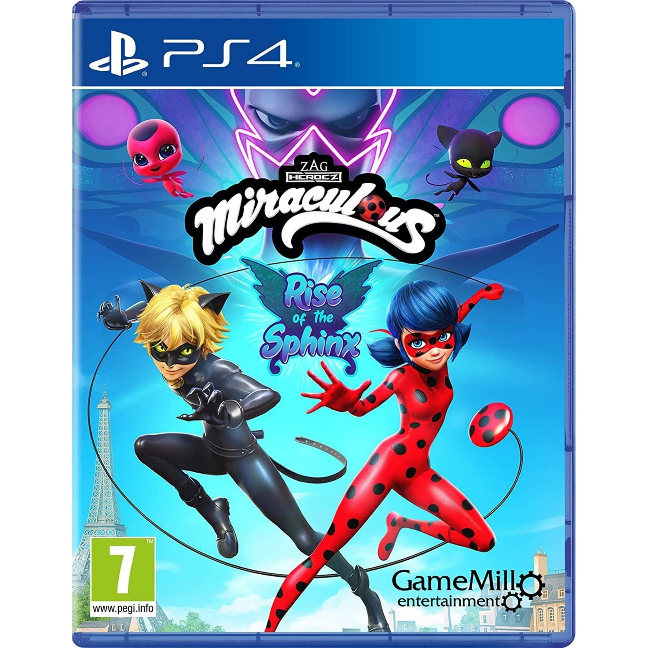 Copertina gioco PS4: Ladybug & Cat Noir Rise of the Sphinx con personaggi e Torre Eiffel.