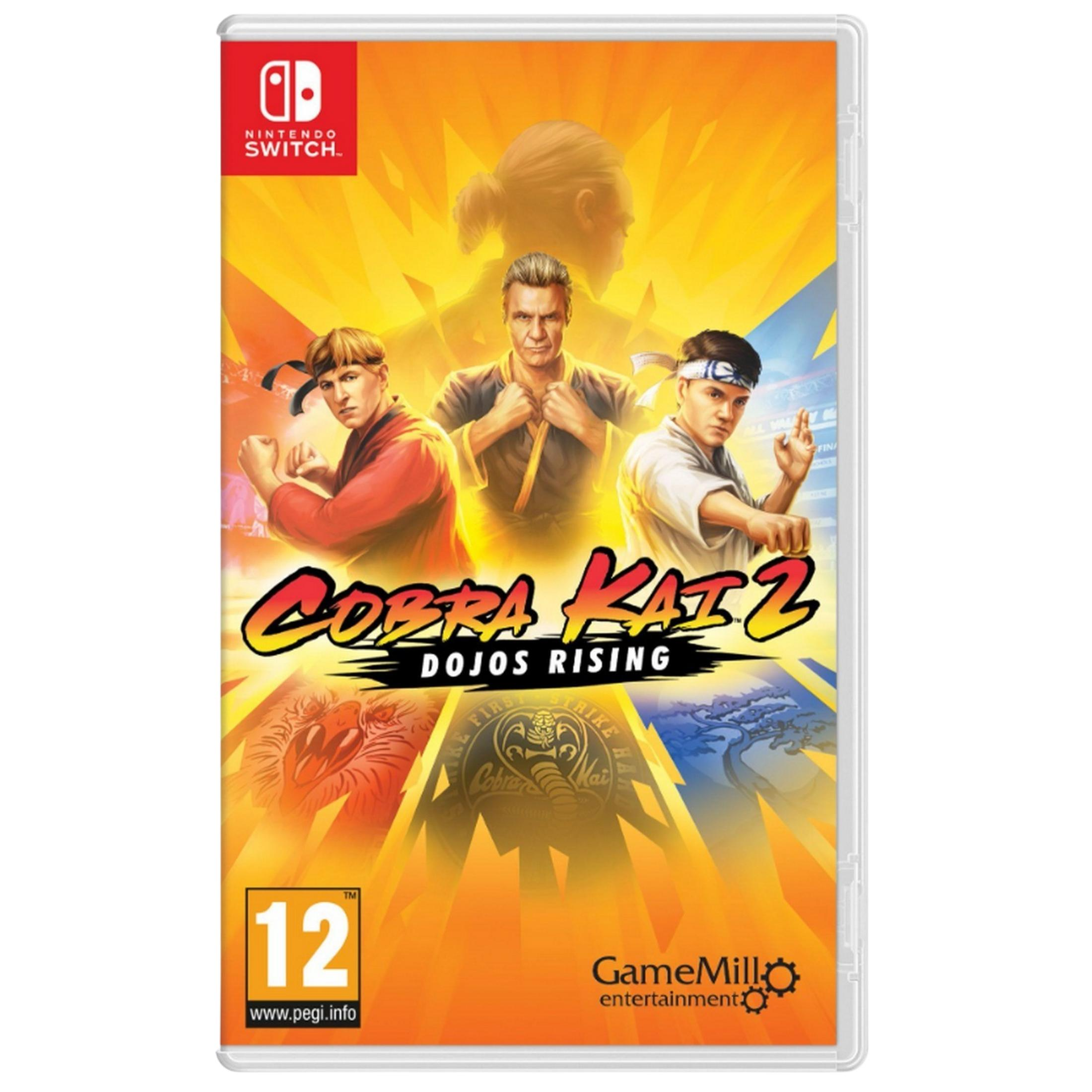 Copertina del gioco Nintendo Switch Cobra Kai 2: Dojos Rising con tre arti marziali.