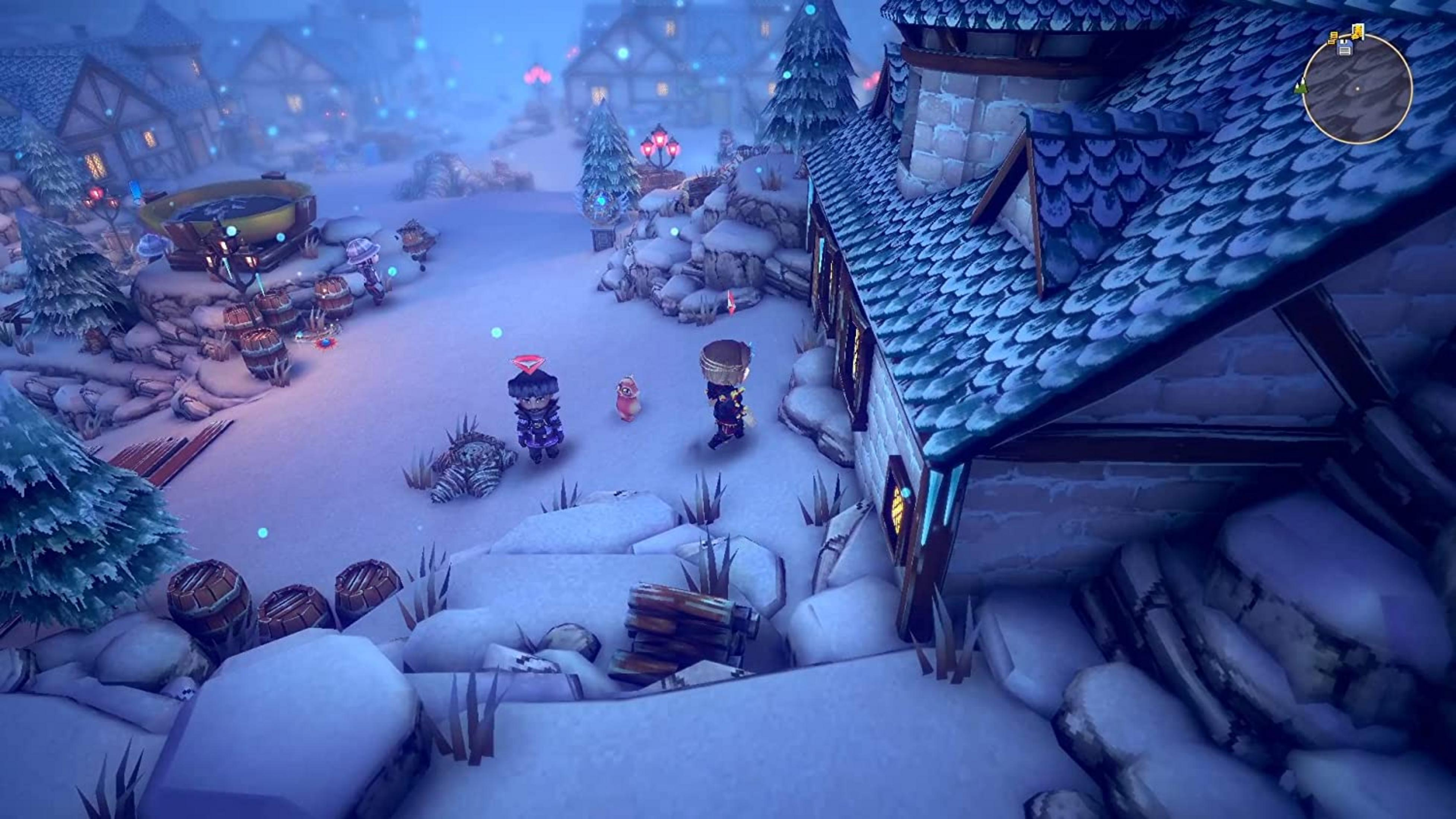 Un villaggio innevato con personaggi dei cartoni animati e luci.