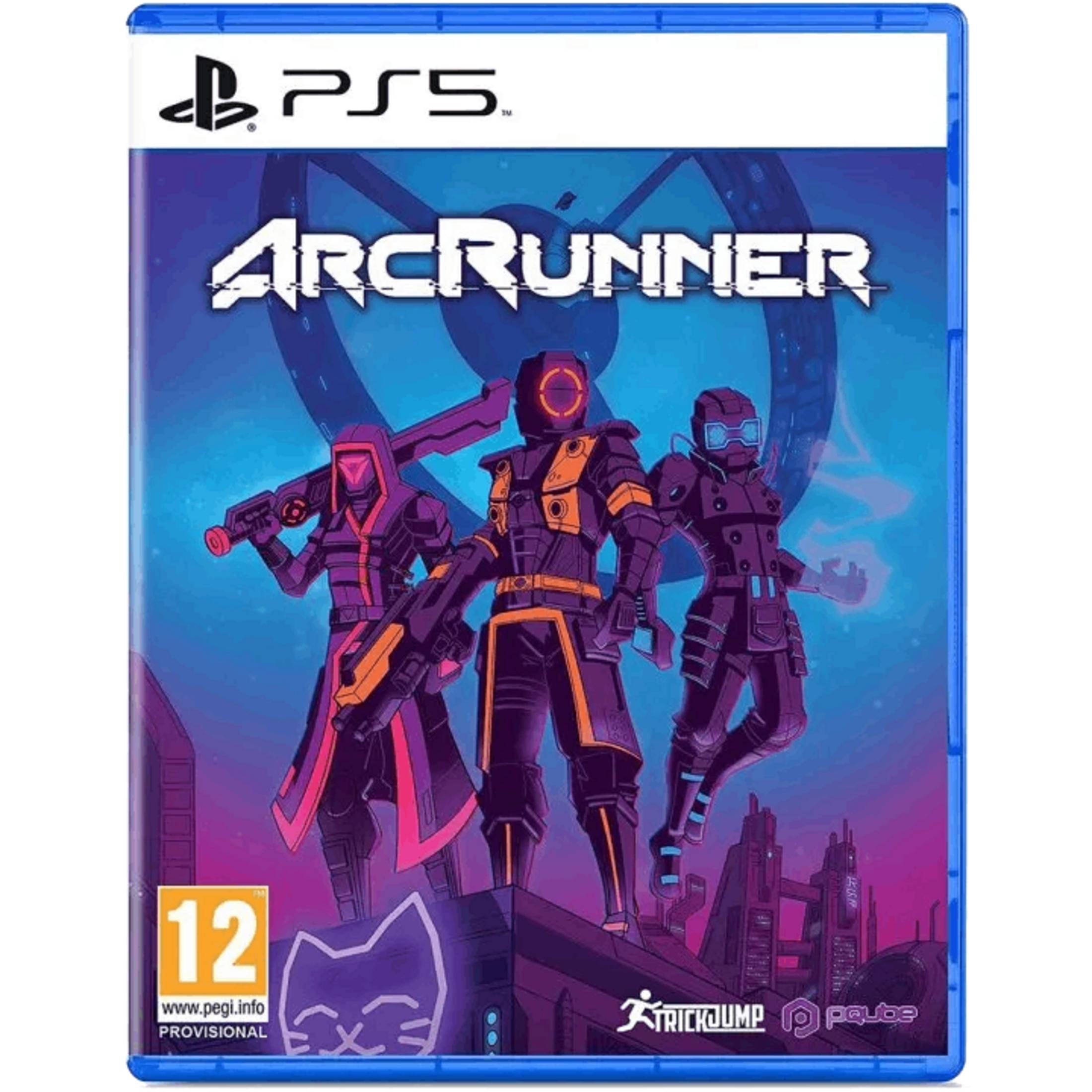 Custodia gioco PS5 con tre guerrieri sci-fi viola e arancioni, sfondo blu neon.