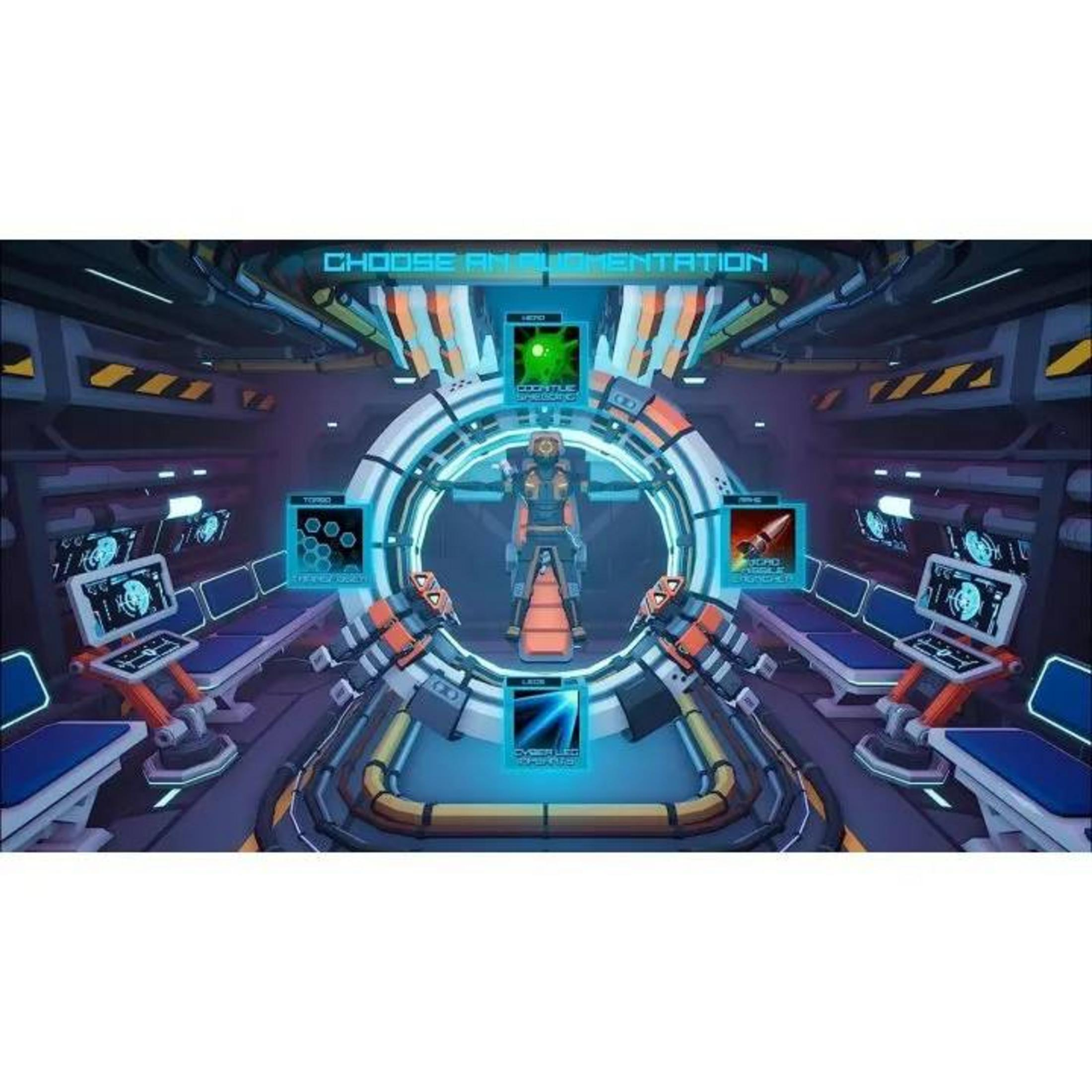 Interno di un'astronave futuristica con un portale centrale e una figura in attesa.