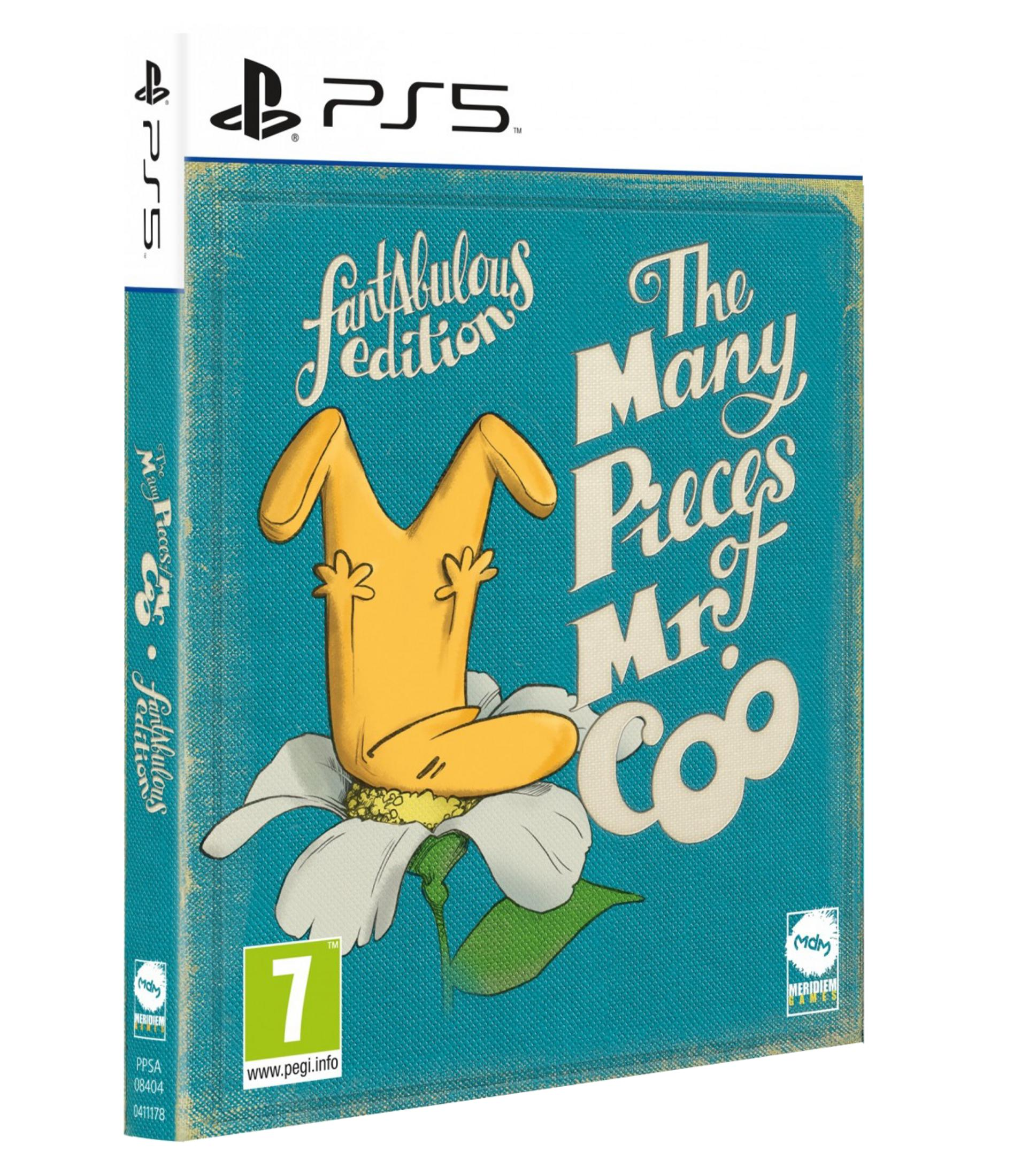 Custodia gioco PS5 con personaggio giallo su fiore. Titolo: The Many Pieces of Mr. Coo.