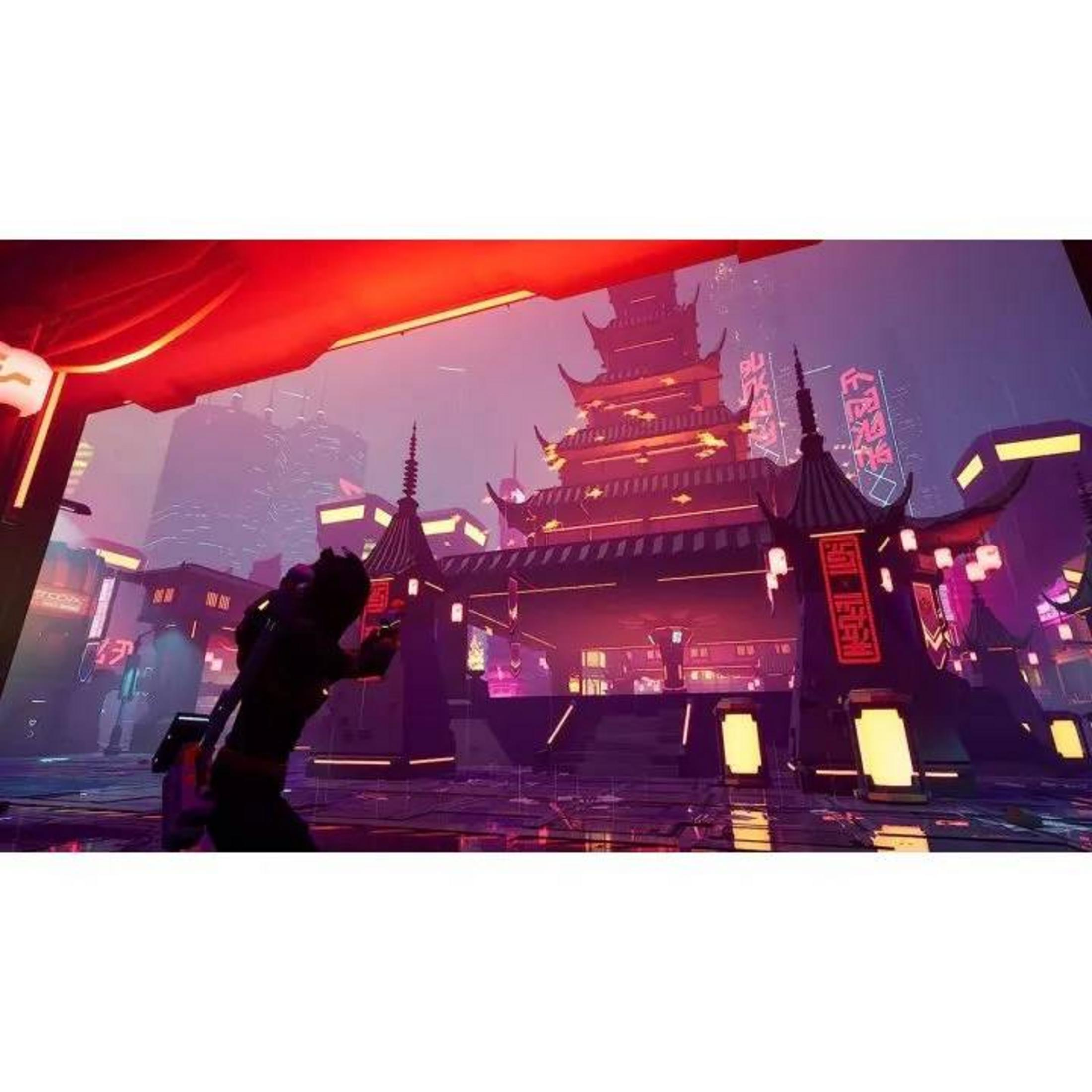 Una figura si erge davanti a una città futuristica con architettura asiatica e luci rosse.
