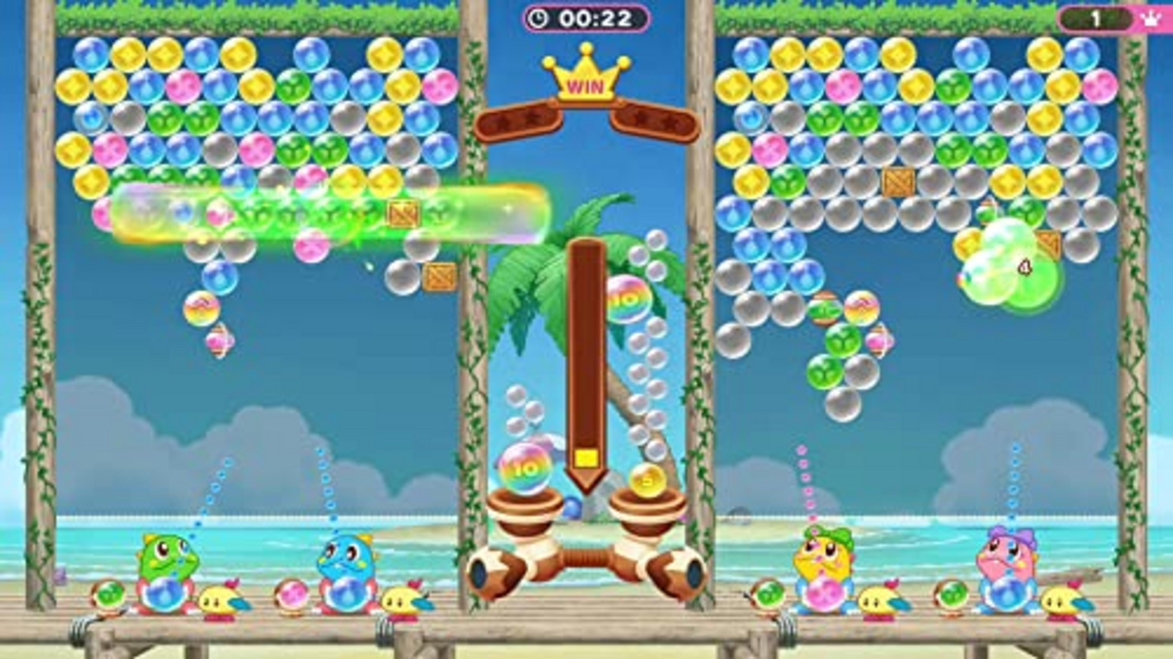 Due schermate di gioco con bolle colorate, spiaggia tropicale e personaggi carini.