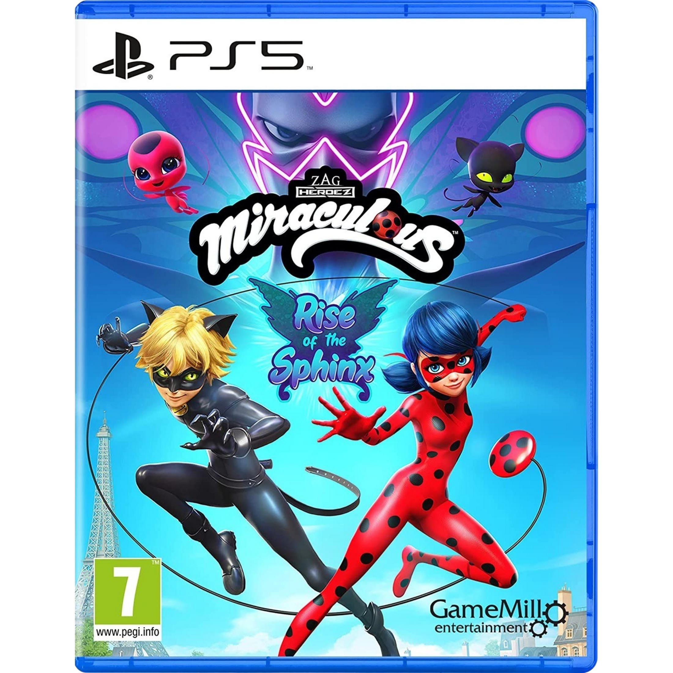 Custodia gioco PS5 con personaggi Miraculous e skyline di Parigi. PEGI 7.