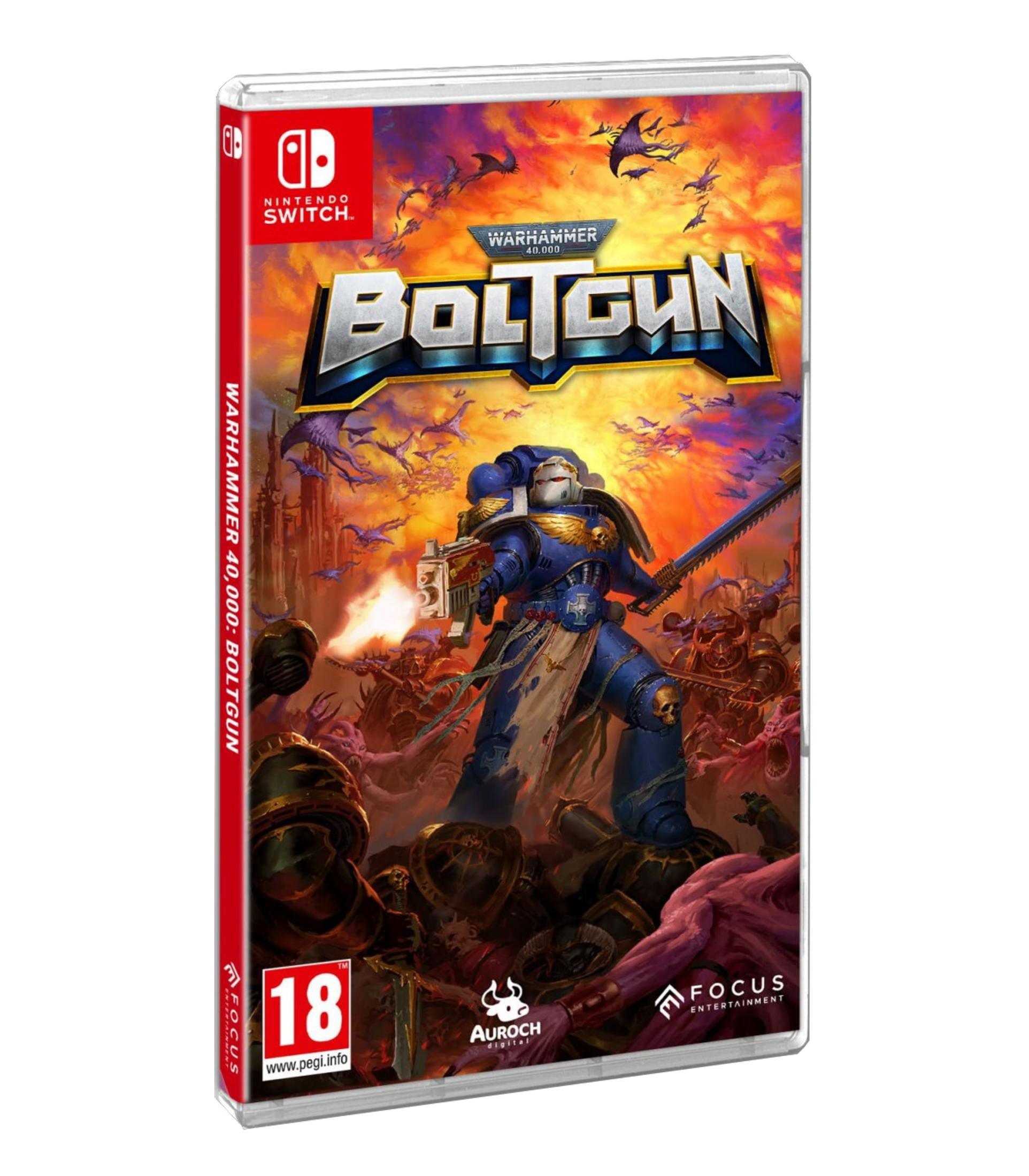 Uno Space Marine spara con un'arma, circondato da mostri. Copertina gioco Nintendo Switch.