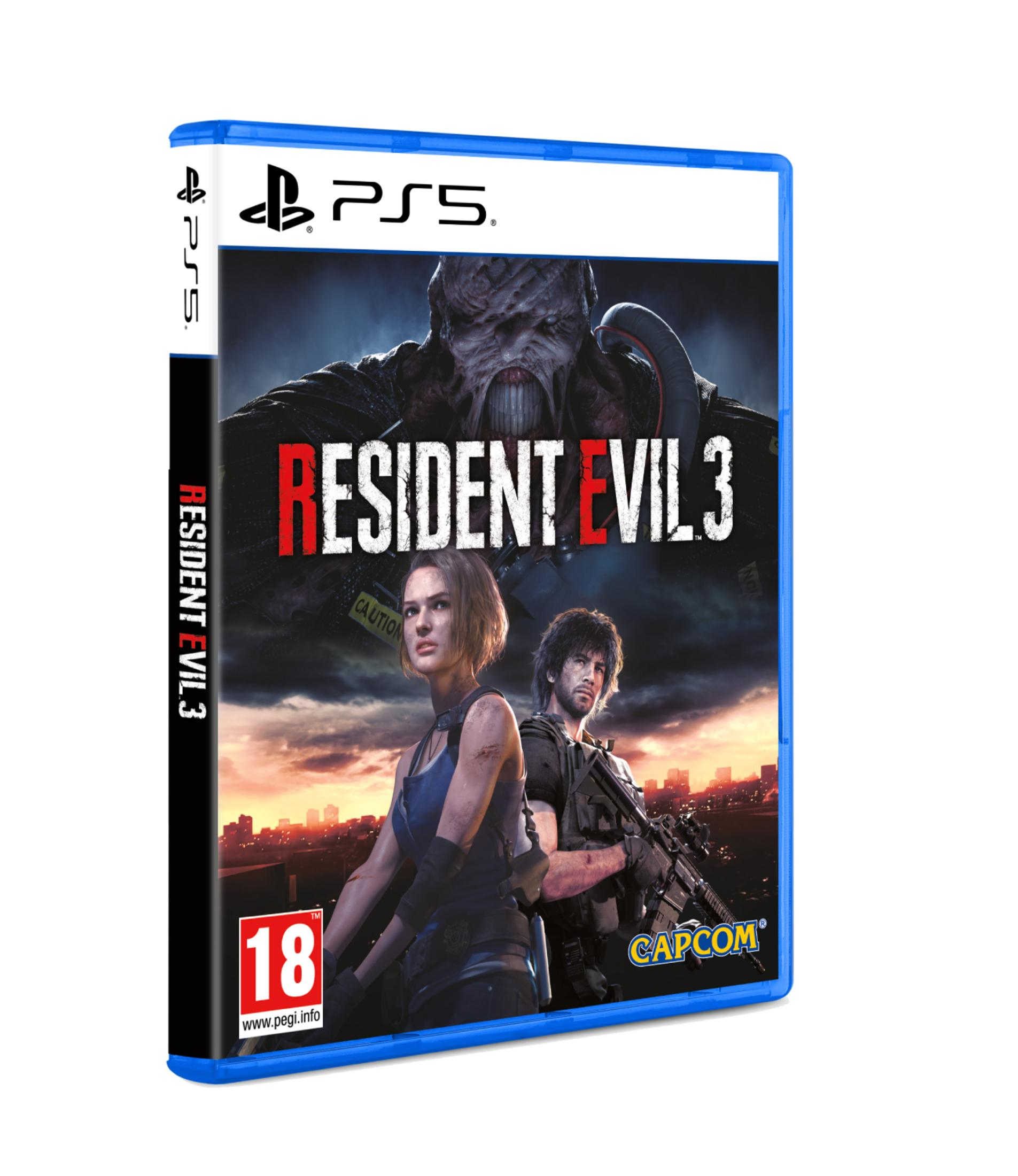 Copertina del gioco Resident Evil 3 per PS5 con Nemesis, Jill e Carlos.