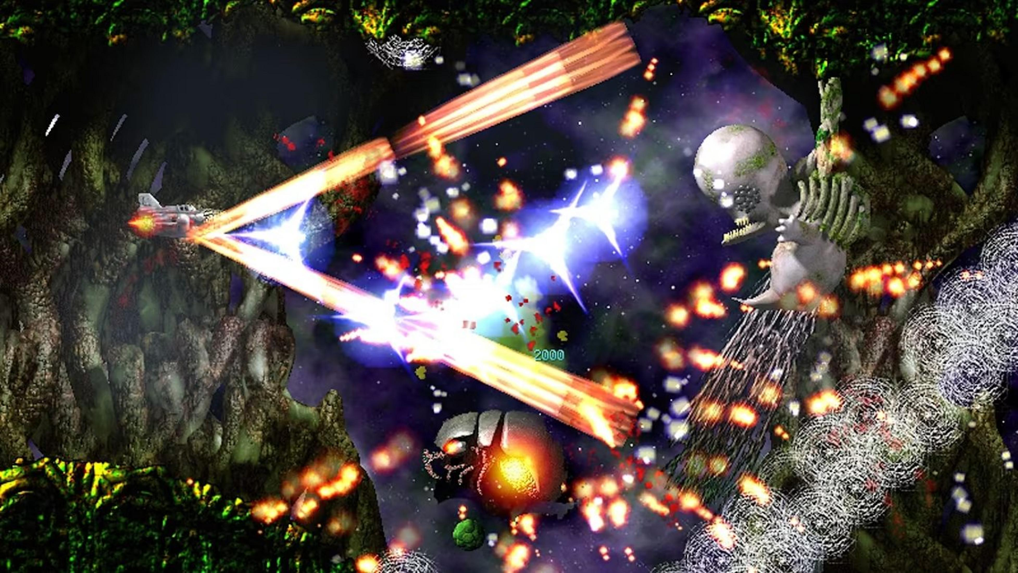 Un'astronave spara laser contro un guerriero scheletro in un paesaggio alieno oscuro.
