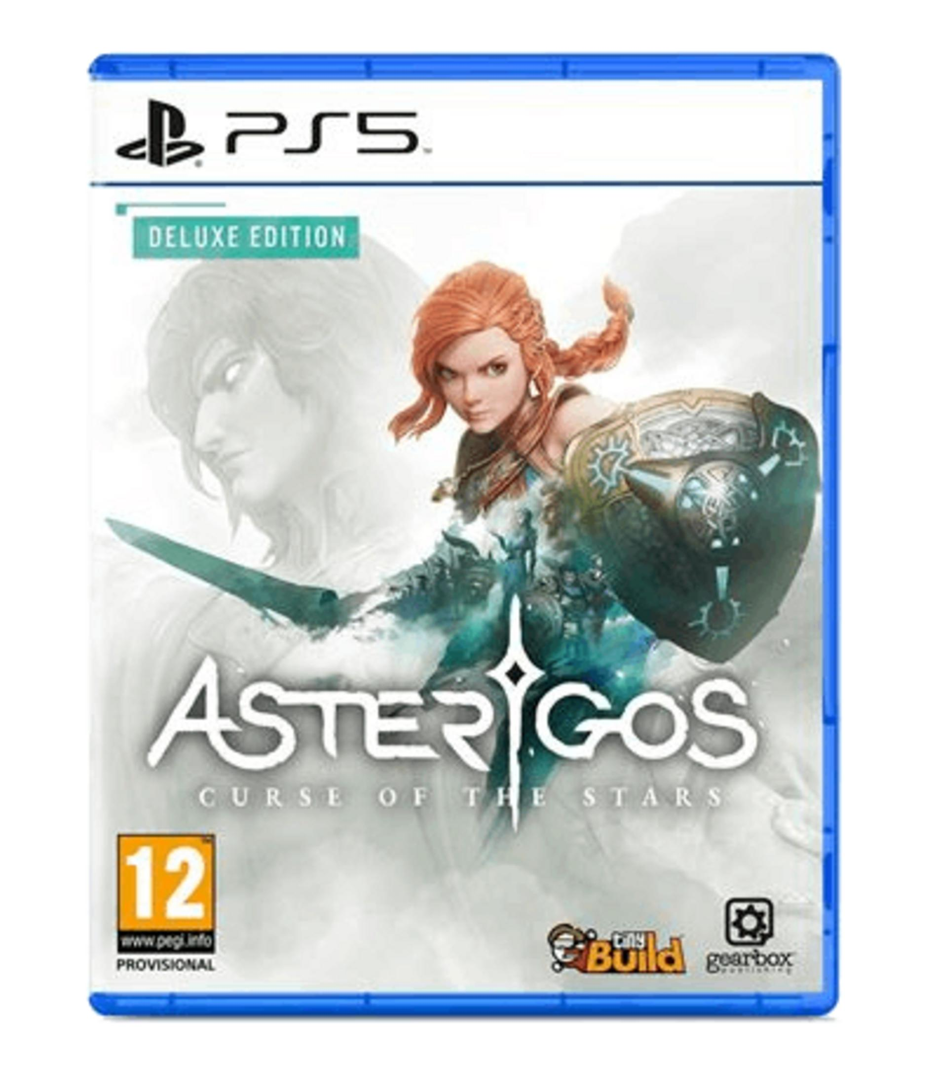 Copertina gioco PS5: Asterigos Curse of the Stars Deluxe Edition, con guerriera.
