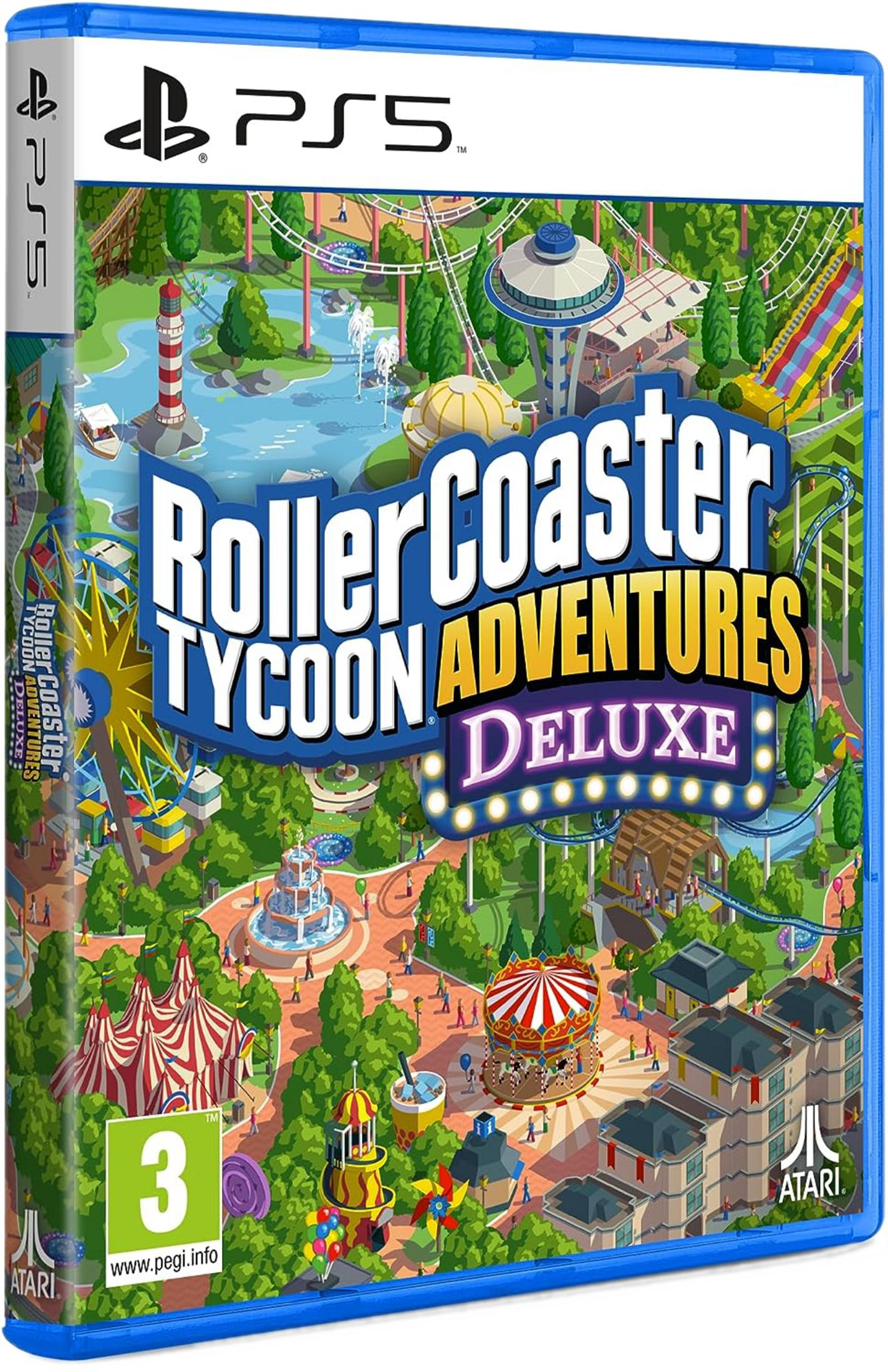 Custodia gioco PS5 per RollerCoaster Tycoon Adventures Deluxe, con scena di parco a tema.