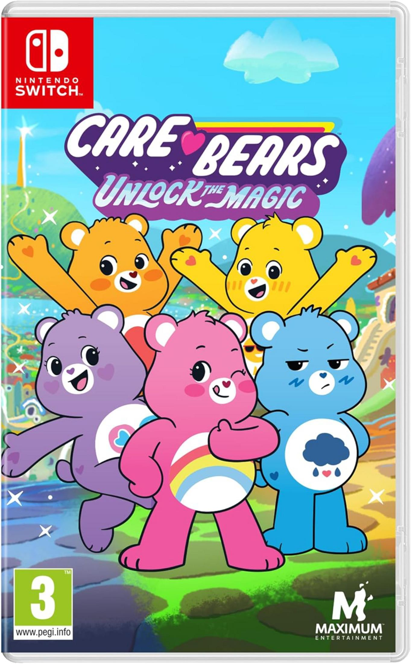 Copertina del gioco Nintendo Switch Care Bears Unlock the Magic con orsi colorati.