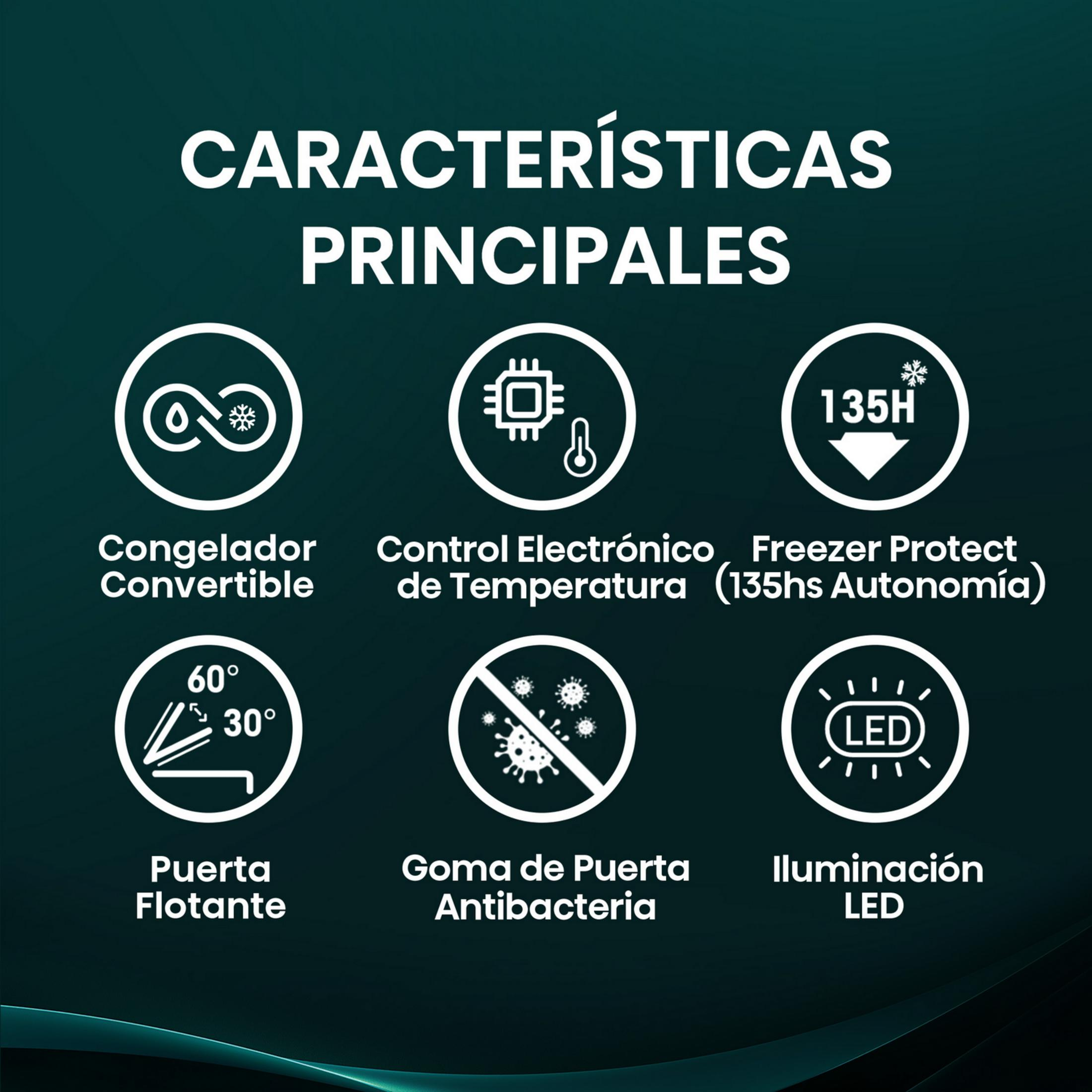 Resumen de características principales: Congelador convertible, control electrónico de temp., 135h protección congelador, puerta flotante, junta antibacteriana, luz LED.