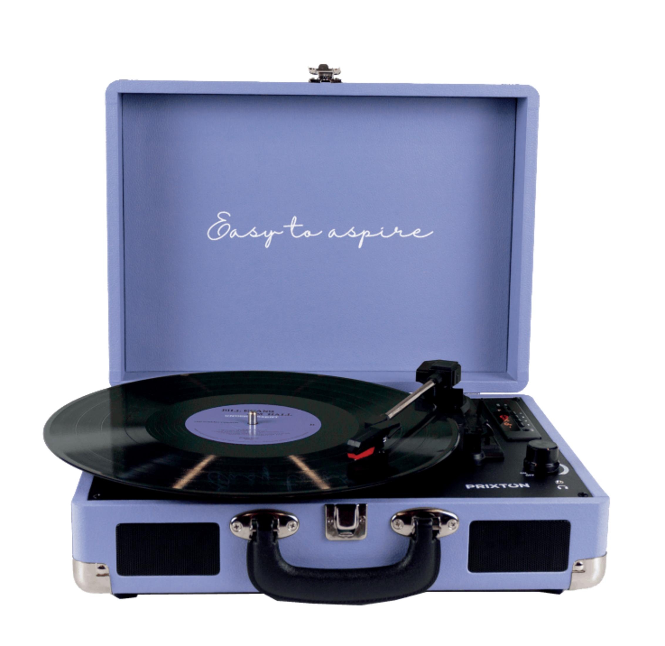 A light blue record player case with a vinyl record and tonearm.