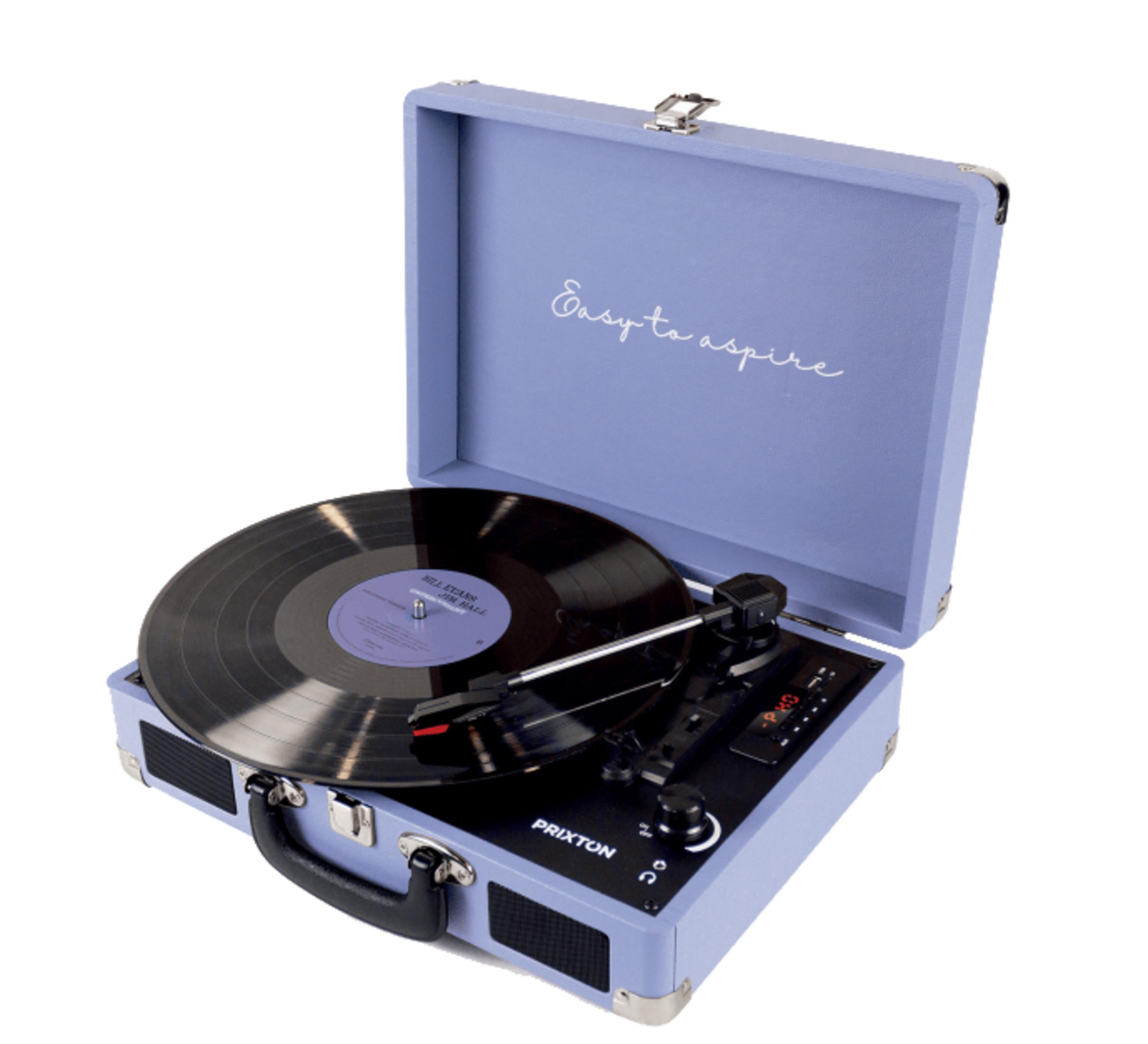 A light blue suitcase-style record player with a vinyl record and needle on top.