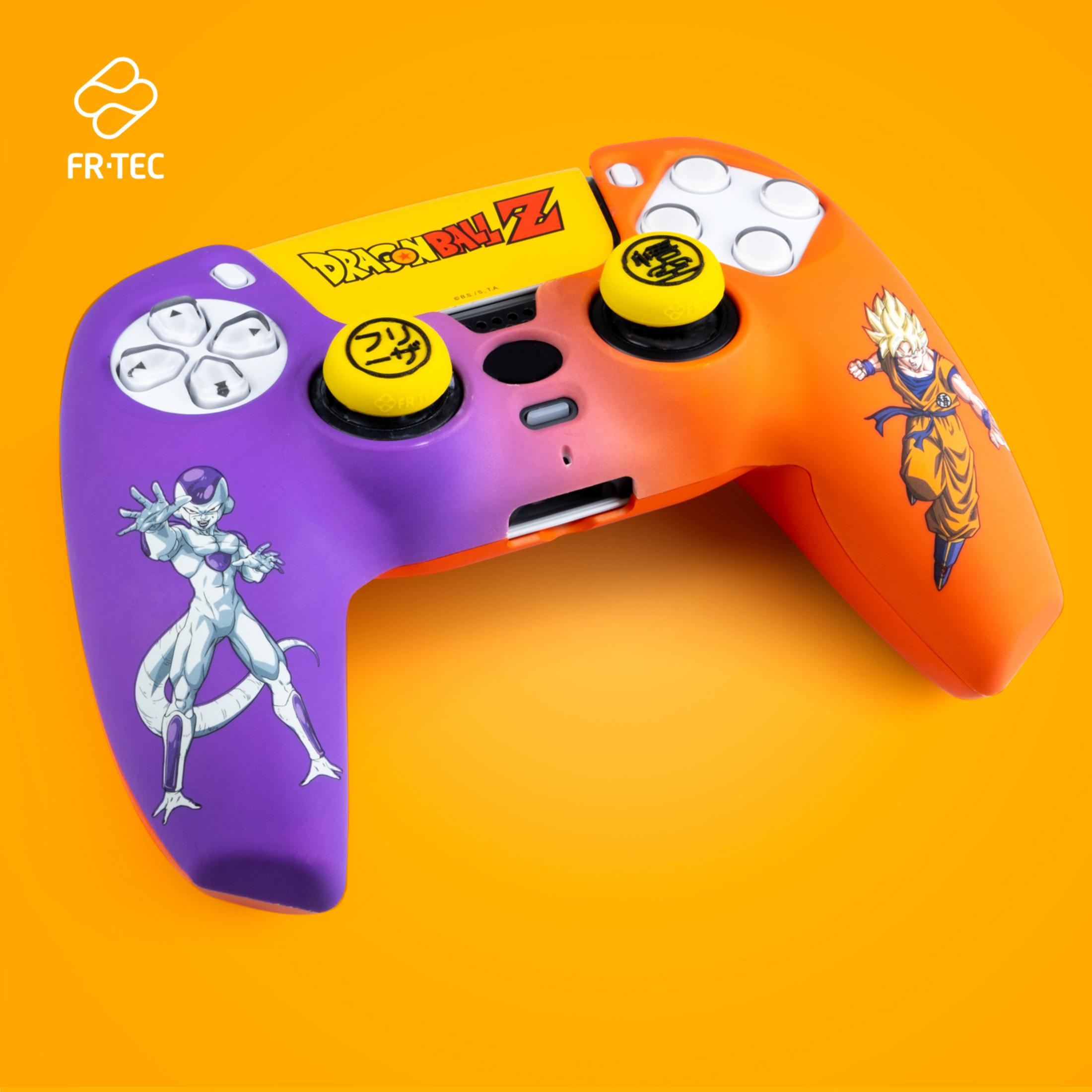 Un mando morado y naranja con los personajes de Dragon Ball Z Frieza y Goku.