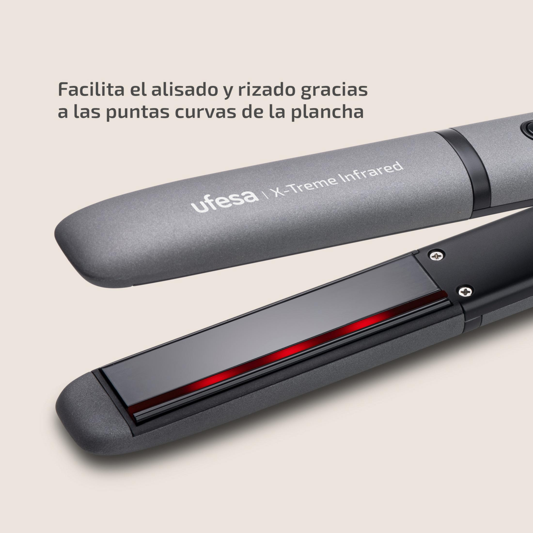 Una piastra per capelli grigia con elementi riscaldanti rossi e logo 'ufesa X-Treme Infrared'.