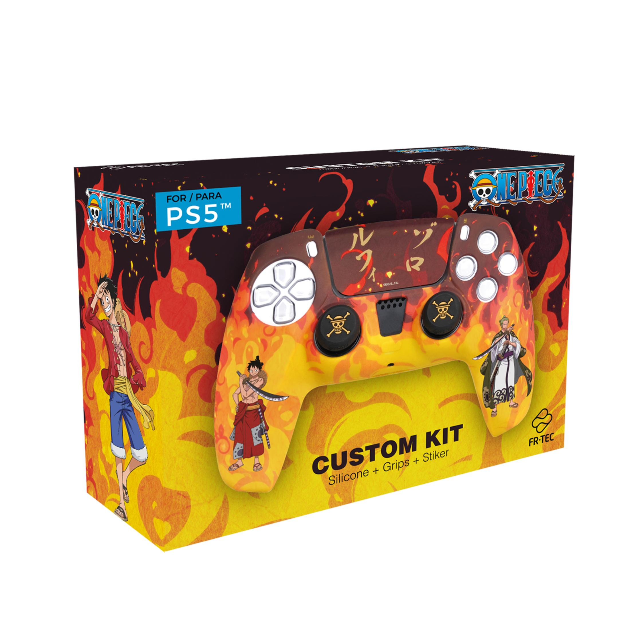 Pudełko kontrolera PS5 z motywem One Piece, płomieniami i postaciami.