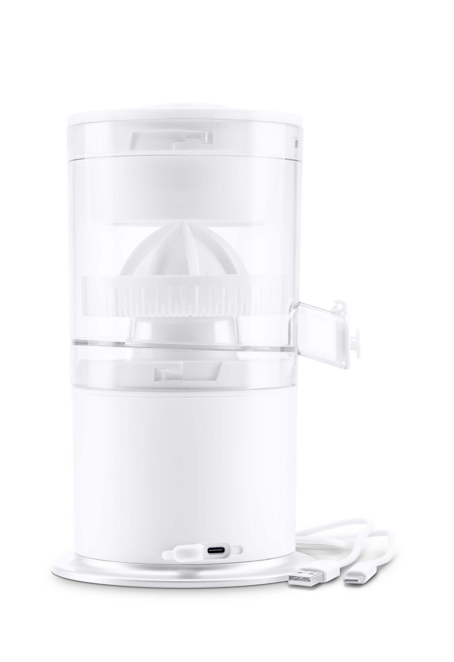 Un exprimidor eléctrico blanco con puerto USB y cable.