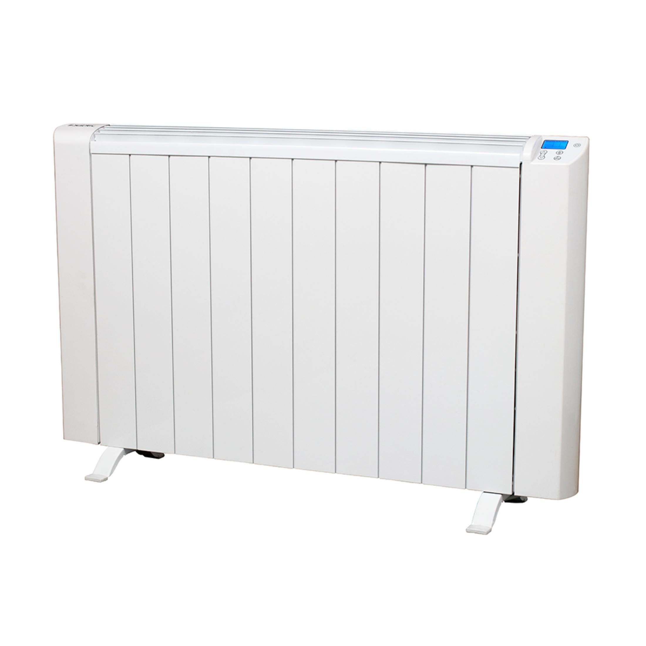 Un radiador blanco con aletas verticales y panel de control digital.